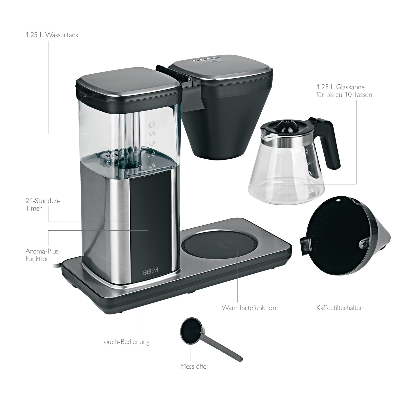 Filterkaffeemaschine - Glas mit 1,25 l Glaskanne, Aroma-Plus-Funktion, Touch-Display, 24-Stunden-Timer und Warmhalteplatte.