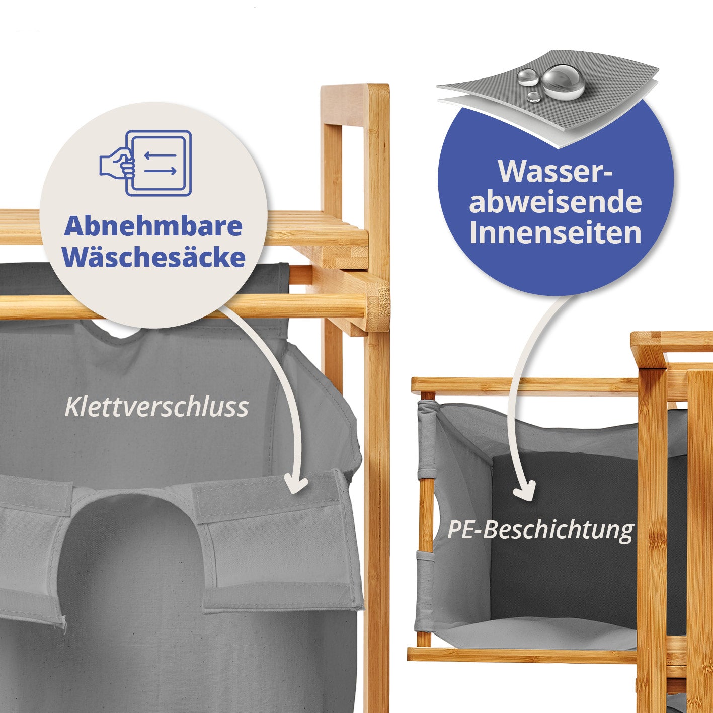 Bambus Wäschekorb mit 2 ausziehbaren Wäschesäcken - 73 x 64 x 33 cm - Dunkelgrau mit abnehmbaren, wasserabweisenden Wäschesäcken und Klettverschluss.