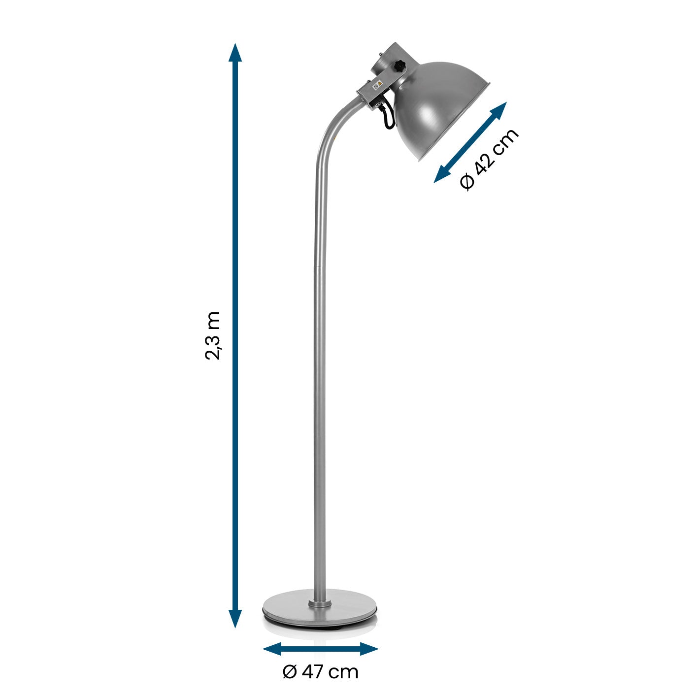 Infrarot-Heizstrahler mit Standfuß im Lampen-Design, höhenverstellbar, 42 cm Lampenkopf, 47 cm Standfuß-Durchmesser, 2,3 m hoch.