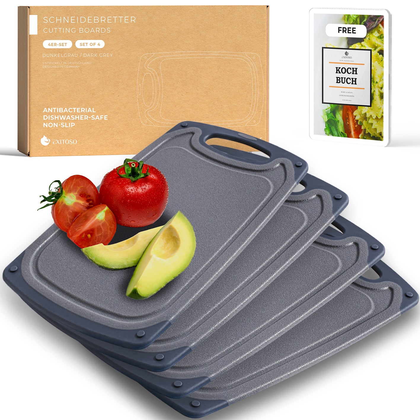 Frühstücksbrettchen - 4er-Set - Grau aus rutschfestem Kunststoff mit Griff, ideal zum Schneiden und Servieren von Lebensmitteln.