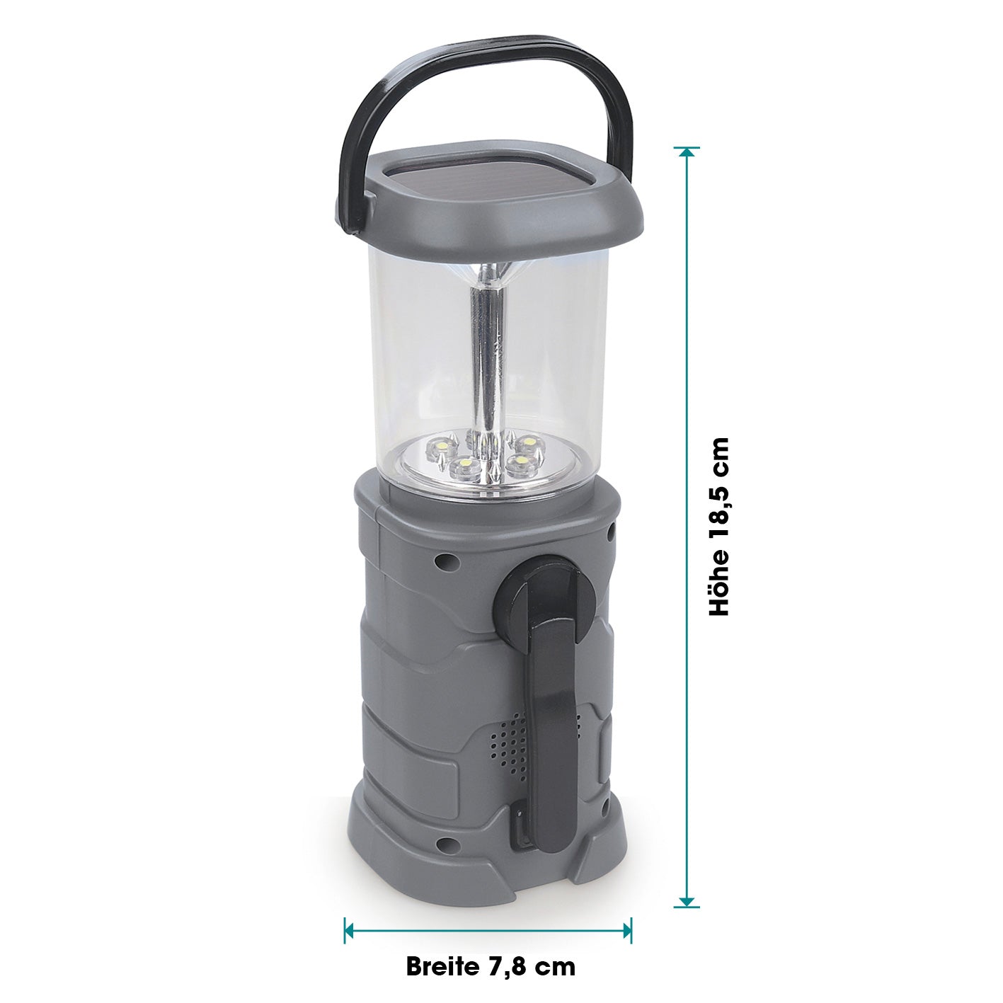 Akku-Lampe mit Radio – Solar-, Kurbel- und USB-Ladung, 5 LEDs, 110 Lumen, beweglicher Griff, kompakte Maße 18,5x7,8 cm.