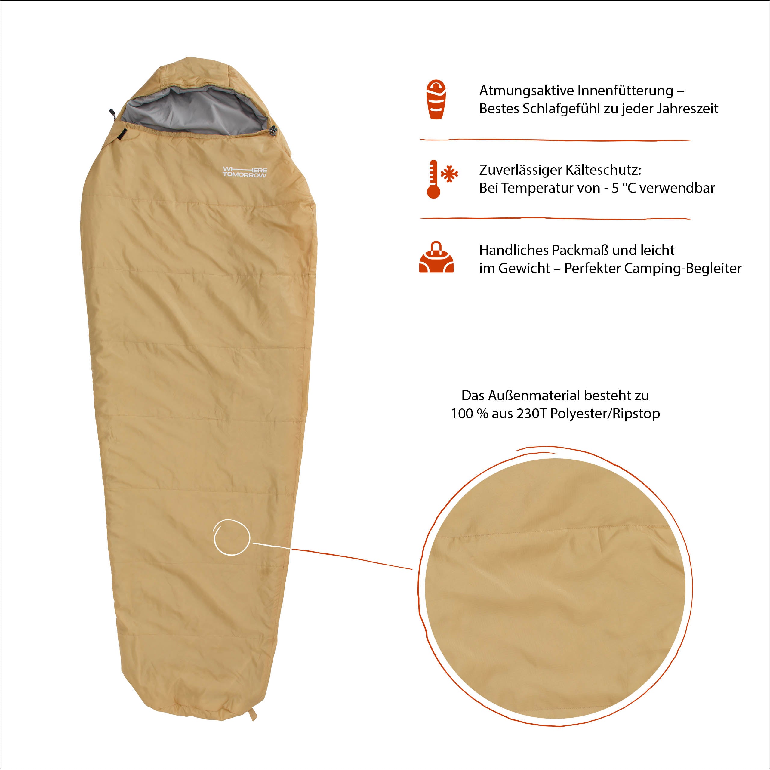 Camping Schlafsack Small & Light - Mumienschlafsack curryfarben mit wasserabweisendem Material und atmungsaktiver Innenfütterung.