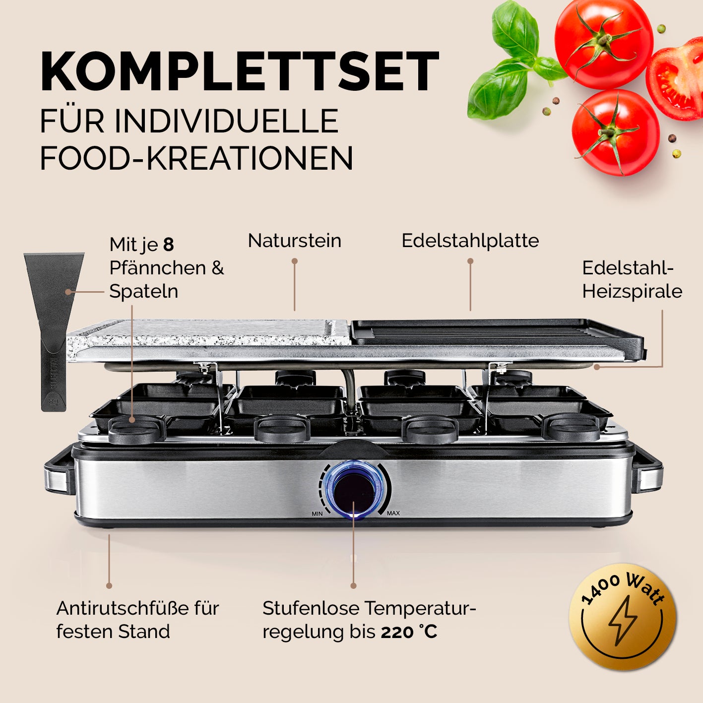 Raclettegrill - 8 Personen mit 8 Pfännchen, Naturstein- und Edelstahlplatte, stufenloser Temperaturregelung und Antirutschfüßen.