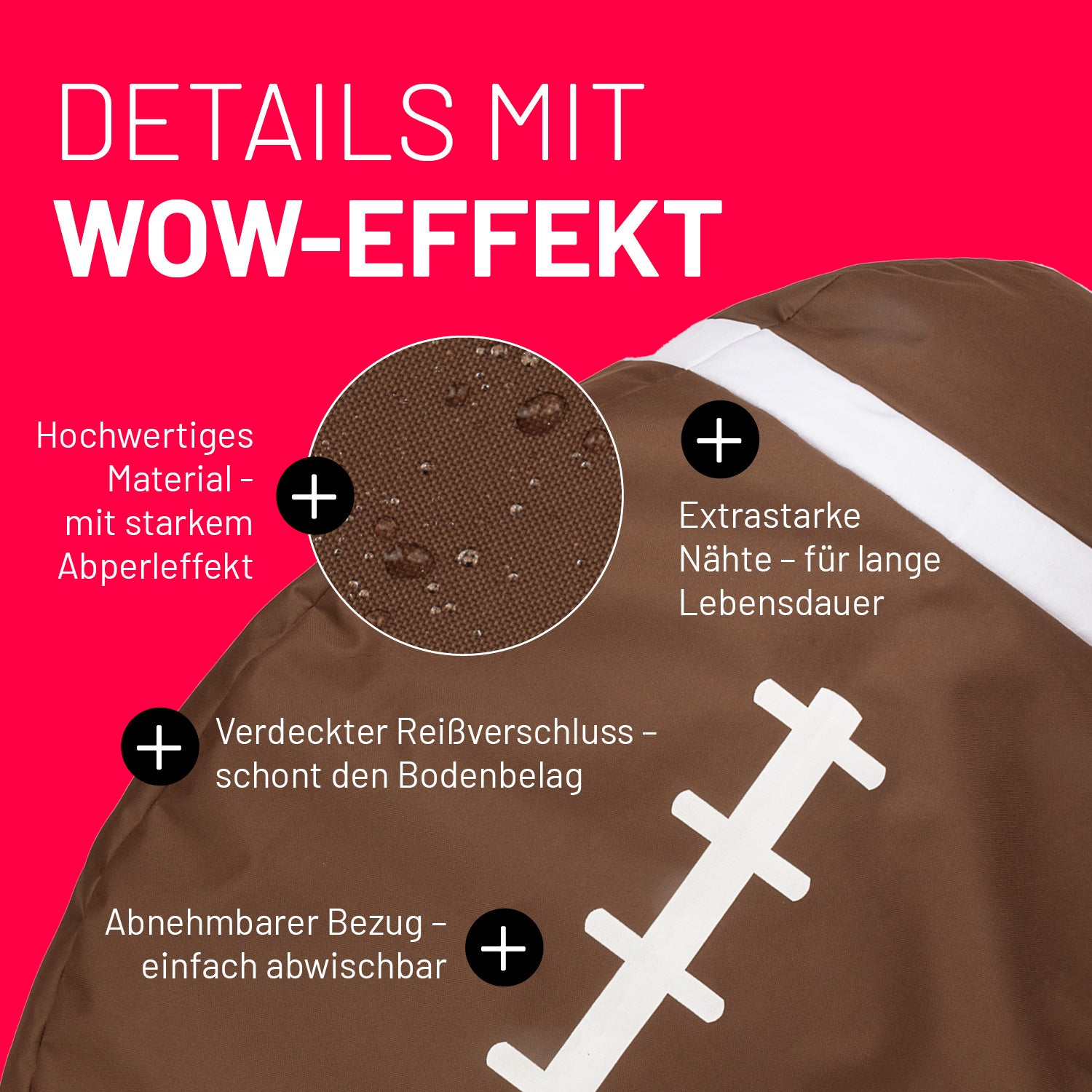 Football-Sitzsack (300 L) mit hochwertigem, wasserabweisendem Material, extrastarken Nähten und verdecktem Reißverschluss für drinnen & draußen.