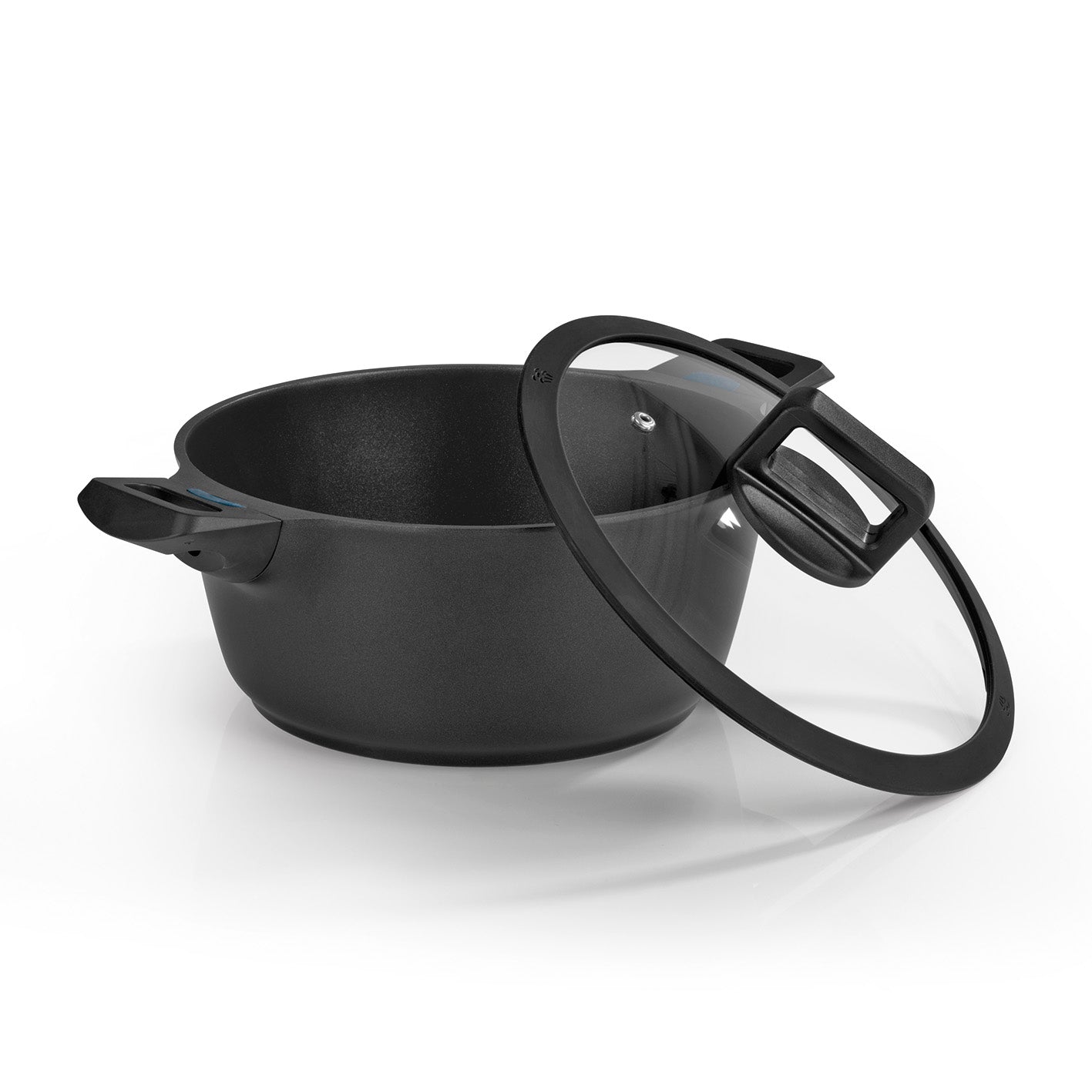 Aluguss-Kochtopf 24 cm - N8WERK Heat Indicator - Midnight Edition mit Glasdeckel und hitzebeständiger Silikon-Umrandung.