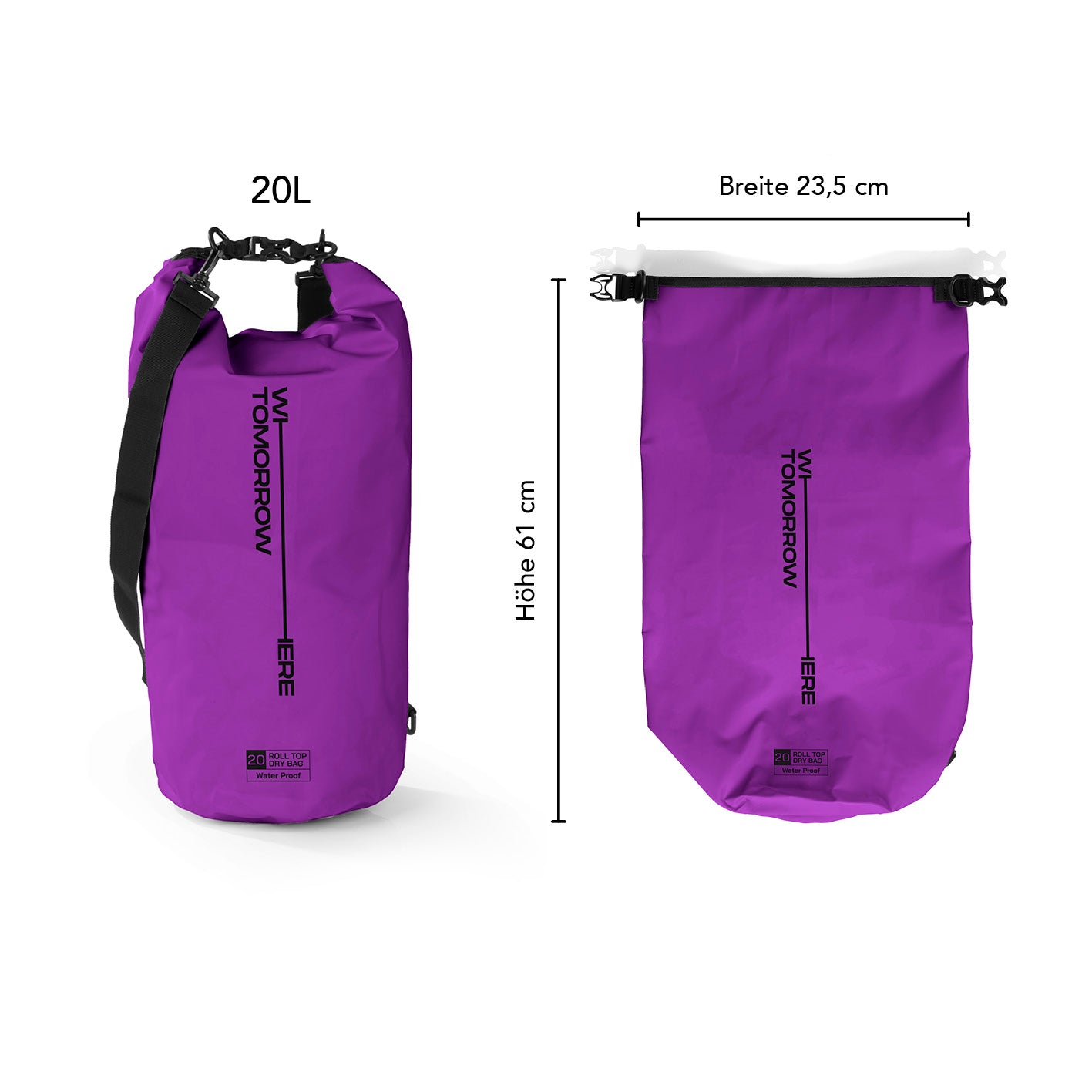 Dry Bag 20L - Style 02 - Lila, wasserdichter Outdoor-Rucksack mit Rolltop, UV-Schutz, verstellbarem Schultergurt und robustem Verschluss.