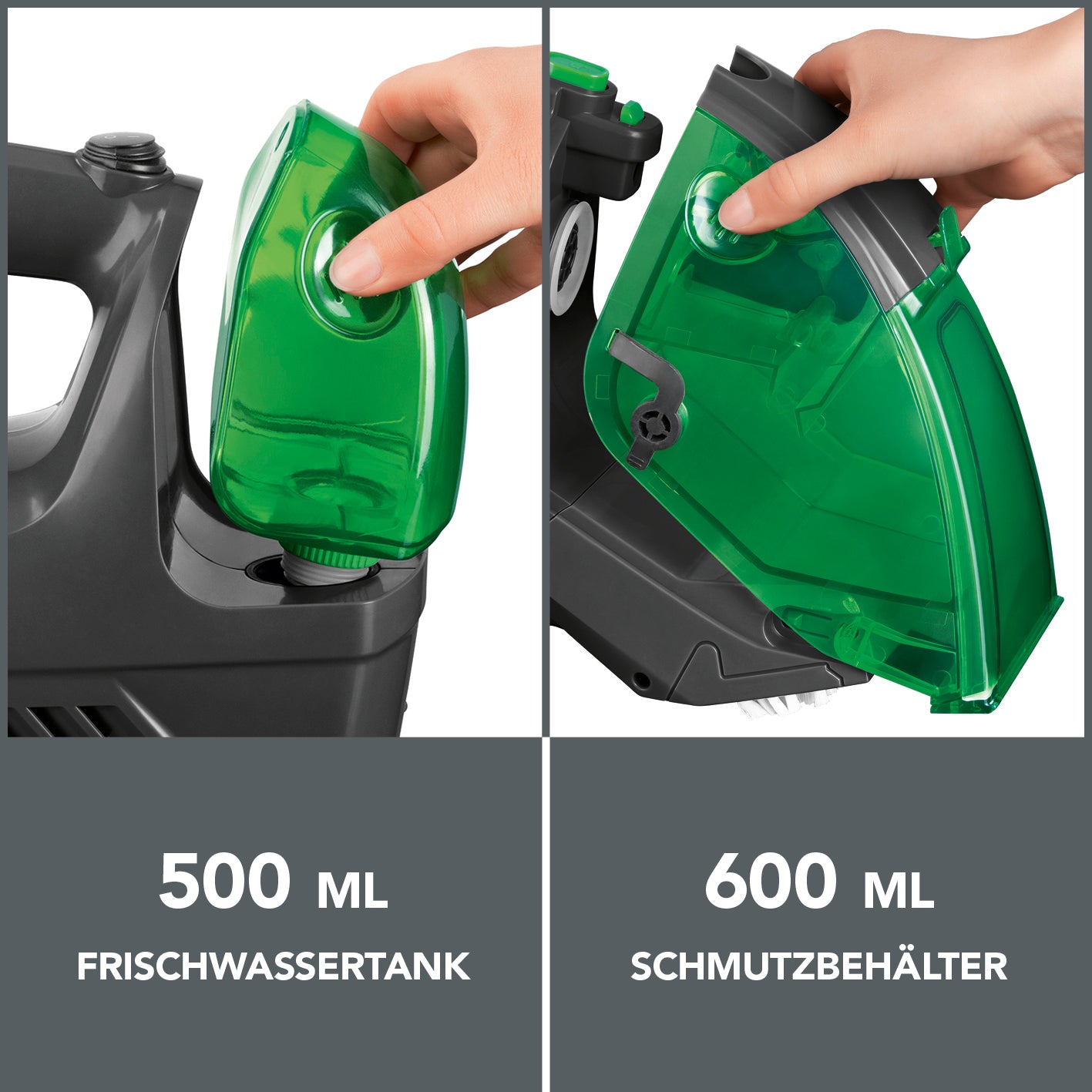 Polster- & Teppichreiniger - anthrazit/grün mit 500 ml Frischwassertank und 600 ml Schmutzbehälter für einfache Reinigung.