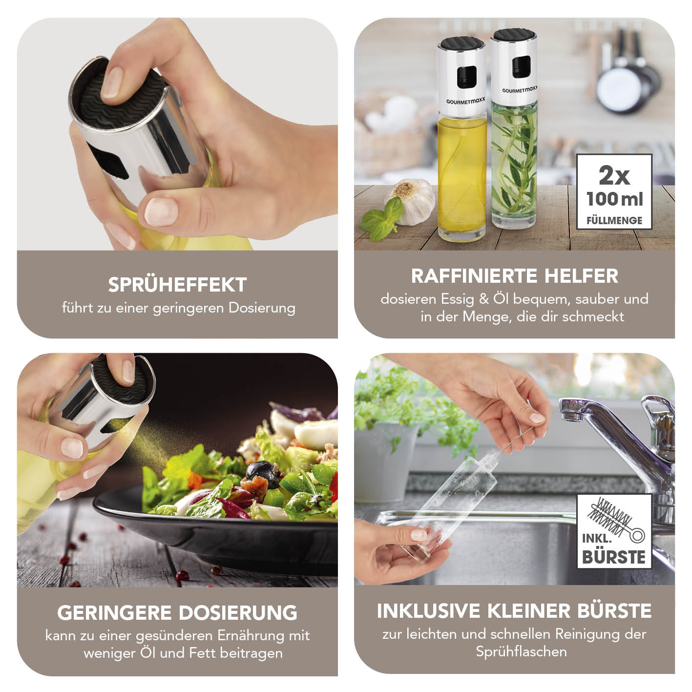 Sprühflaschen - Für Essig & Öl - 2er-Set mit Sprüheffekt, Anti-Rutsch-Deckel und Reinigungsbürste für gesündere Küche.