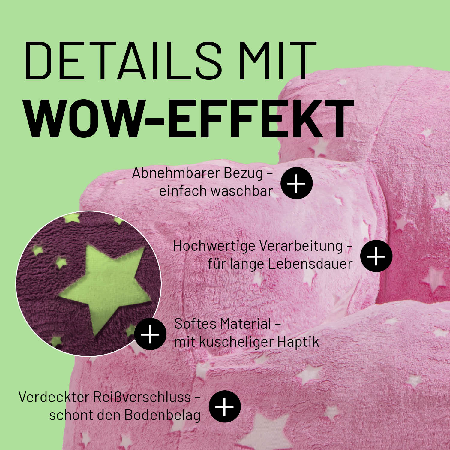 Sessel „Glow in the Dark“ - Pink mit abnehmbarem Bezug, weichem Material, verdecktem Reißverschluss und leuchtendem Sternen-Design.