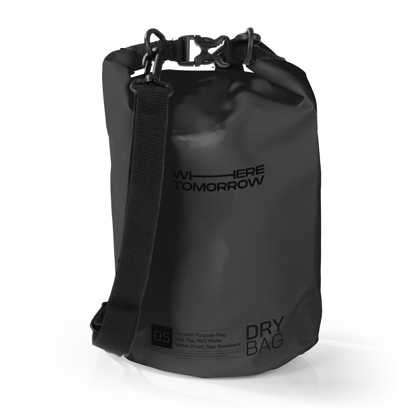 Dry Bag 5L - Style 01 - Schwarz wasserdichter, robuster Outdoor-Rucksack mit verstellbarem Schultergurt und Rolltop-Verschluss für Wertsachen.