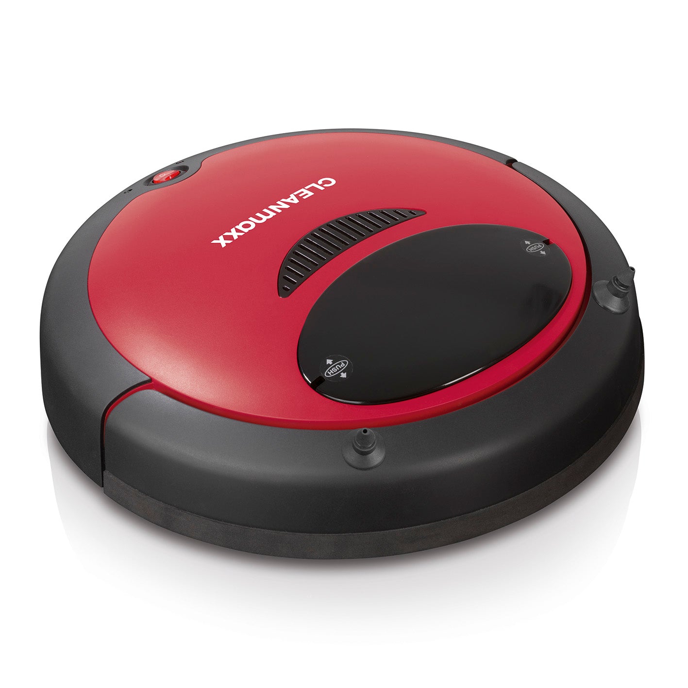 Saugroboter 2in1 - rot/schwarz, kompakter Roboterstaubsauger mit Wischfunktion und sensorgesteuerter Navigation für effiziente Reinigung.