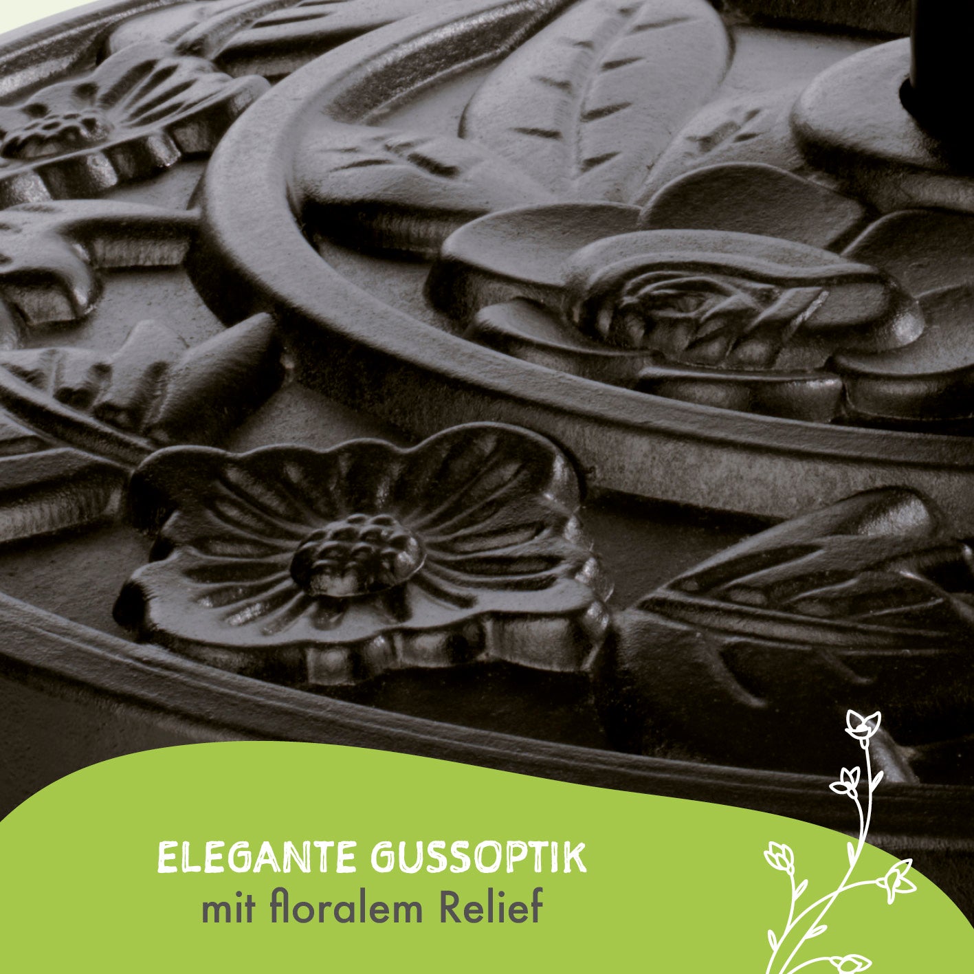 Sonnenschirmfuß Guß-Optik - Schwarz mit floralem Relief, halbrund und ideal für kleine Balkone und Terrassen.