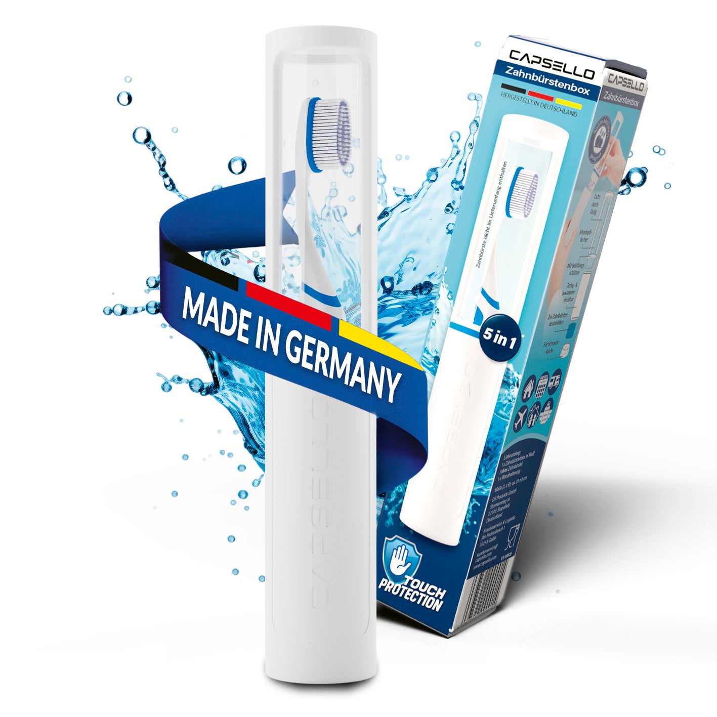 Zahnbürstenbox - weiß mit 5-in-1 Funktion, Touch Protection und Made in Germany Qualität für unterwegs und Zuhause.