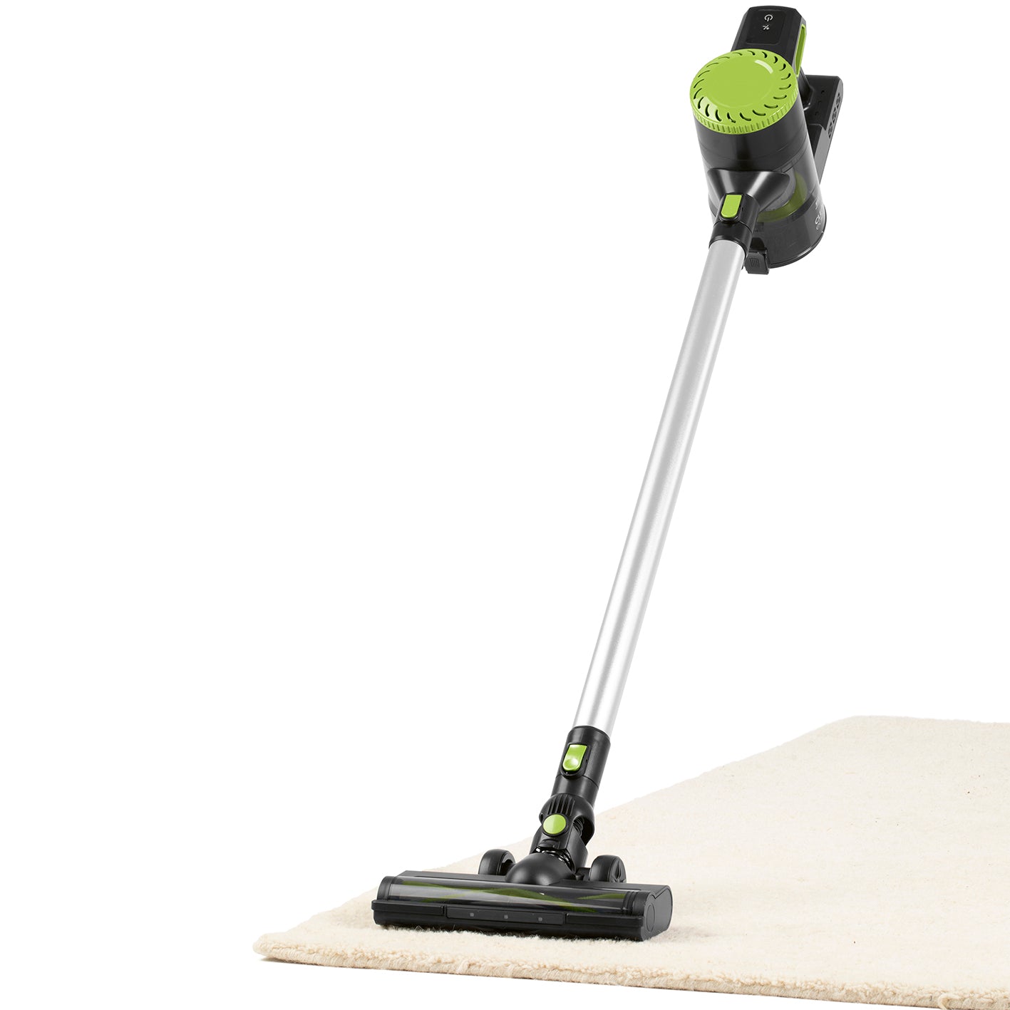 Akku-Zyklon-Staubsauger - schwarz/grün mit 2-Stufen Saugkraft, LED-Bodendüse, 22,2V Akku, 45 Min Laufzeit und HEPA-13-Filter.