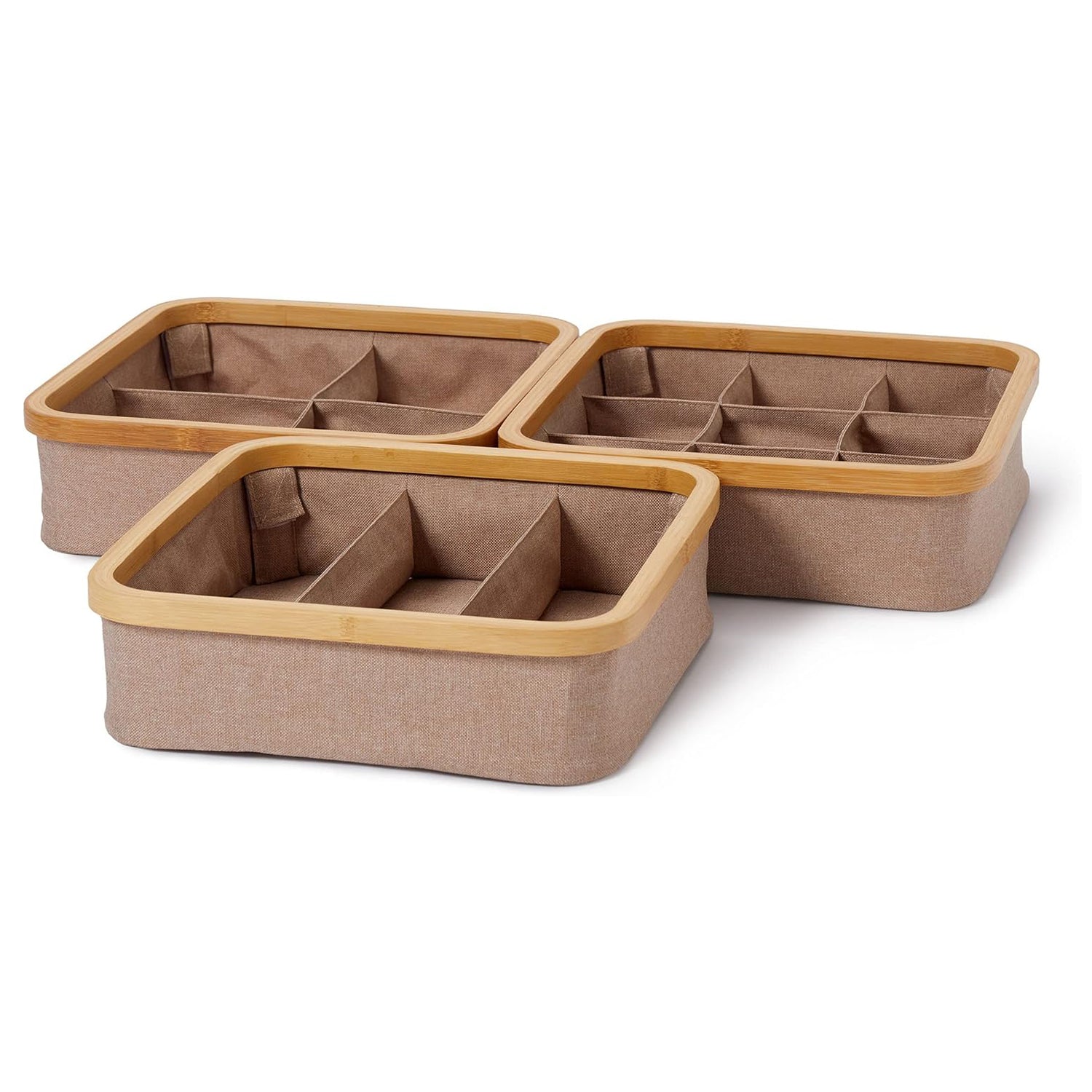 Organizer mit Bambus-Rahmen - 3er-Set Taupe, 30x30x9 cm, mit 3/4/9 Fächern, faltbar, stabile Aufbewahrungsboxen von Lumaland.