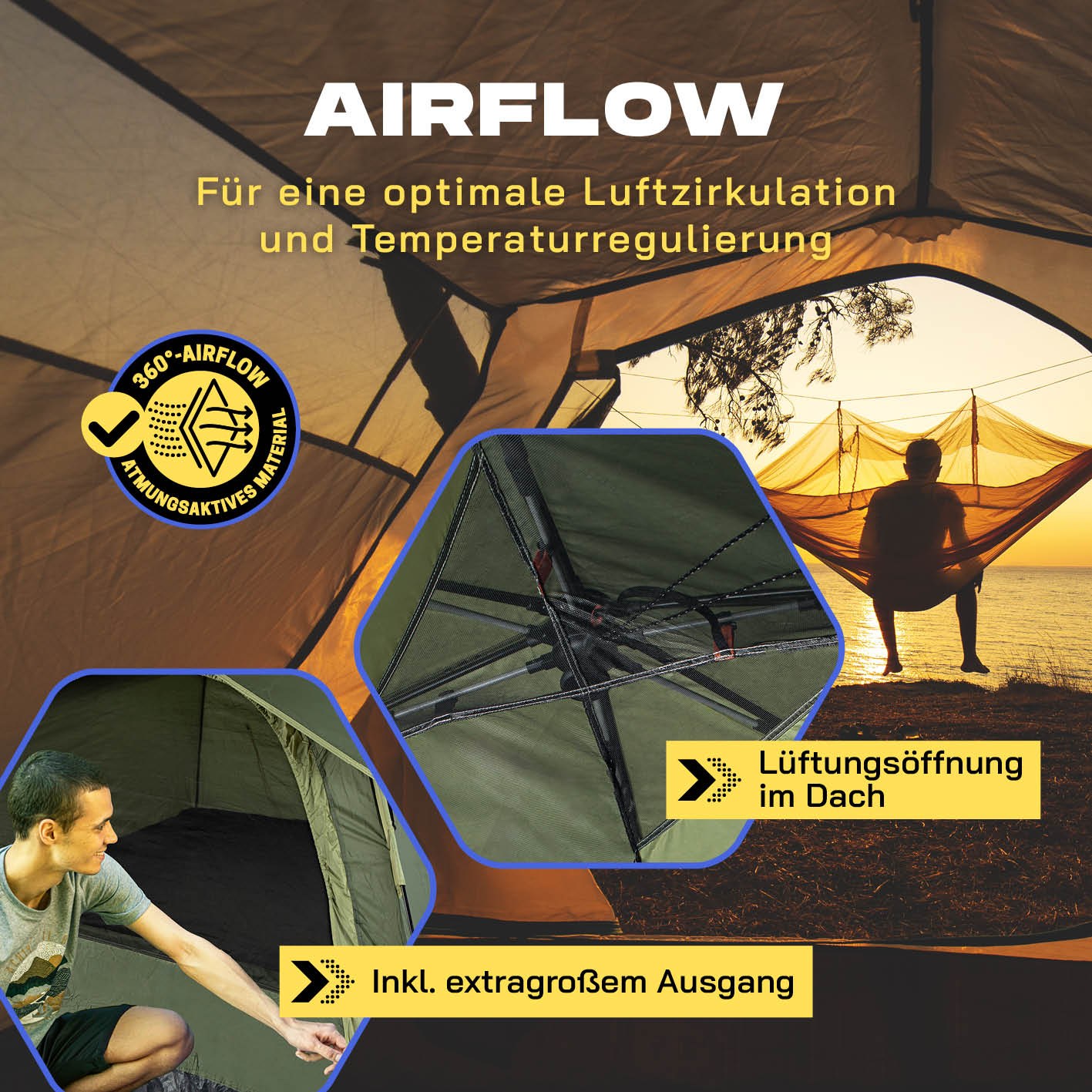 Pop-up-Wurfzelt für 4 Personen - grün mit optimaler Luftzirkulation, Lüftungsöffnung im Dach und extragroßem Ausgang für angenehme Temperaturen.