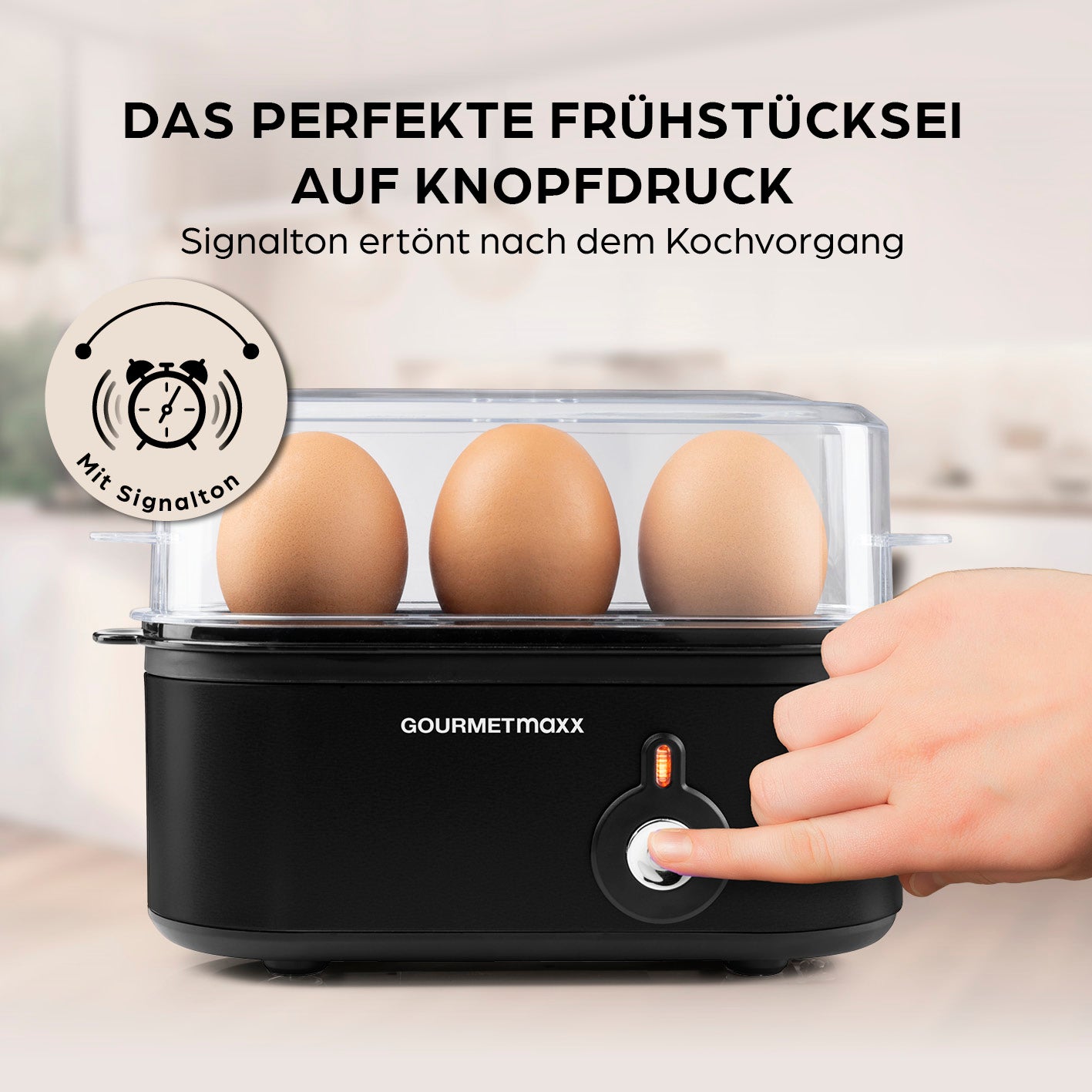 Design-Eierkocher 3 Eier - Schwarz mit Signalton für perfekte Eier auf Knopfdruck, kompakt und platzsparend für kleine Küchen.