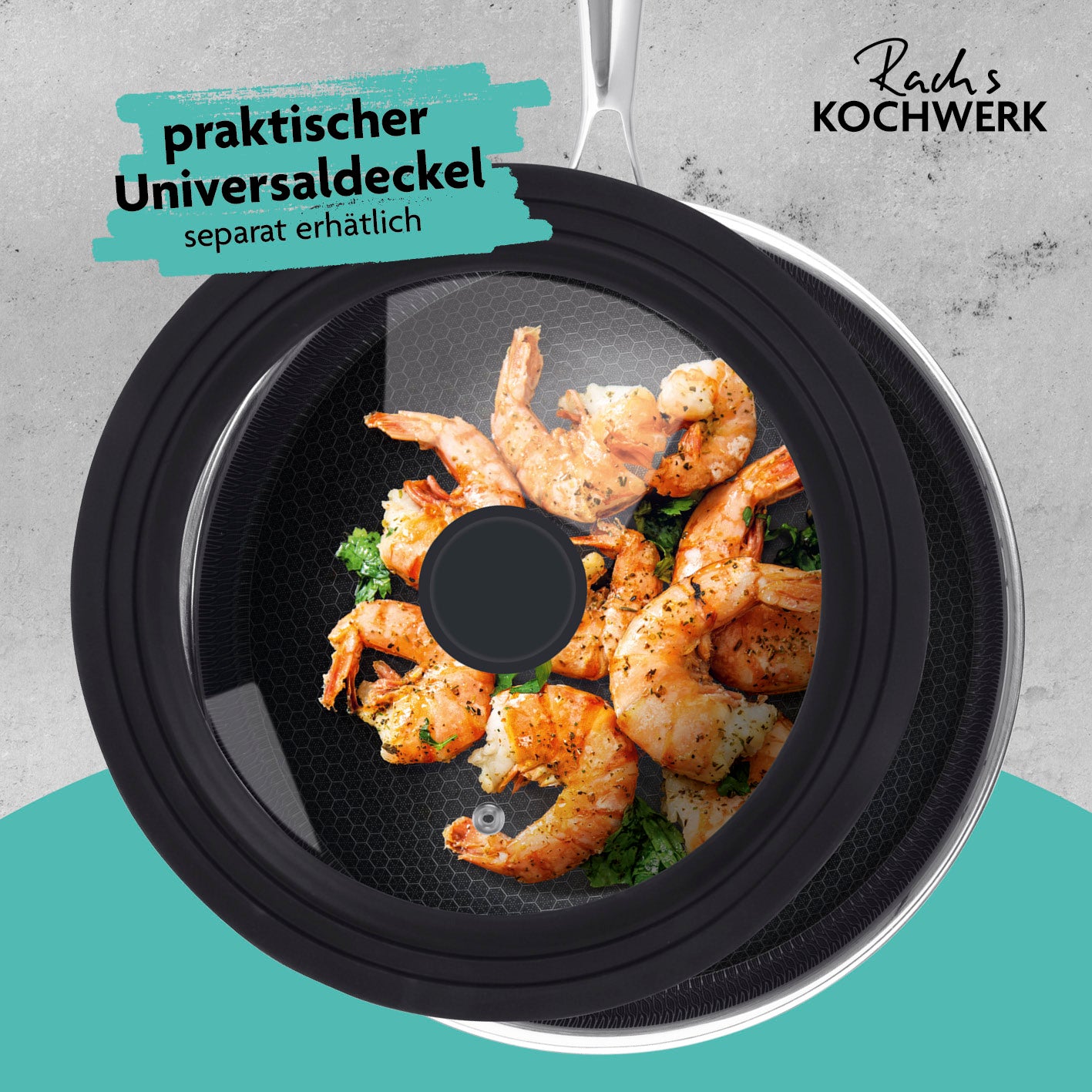 Wok-Pfanne mit Wabenstruktur Ø 28 cm mit blickdichtem Universaldeckel, ideal zum fettarmen Braten von Garnelen und mehr.