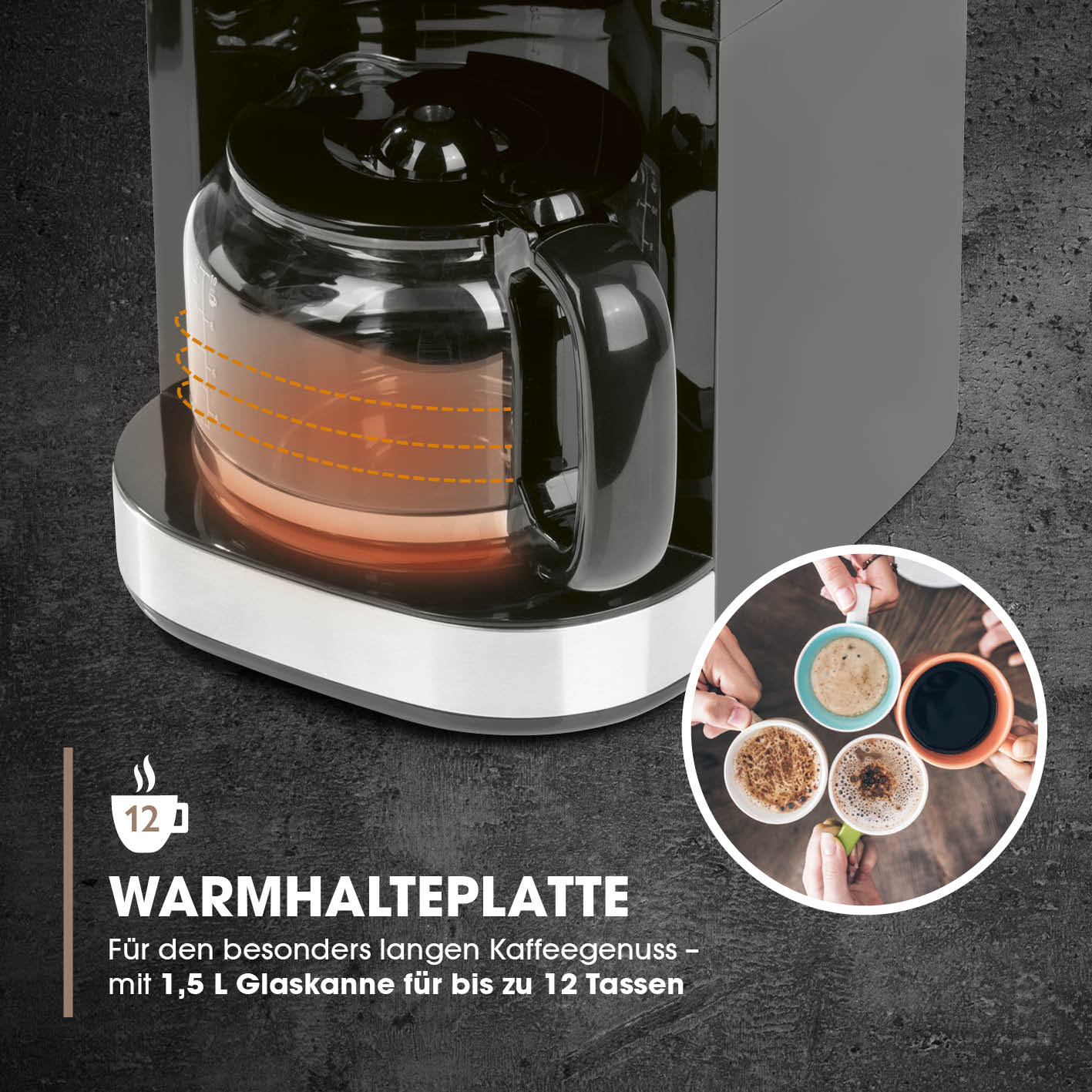 Kaffeemaschine mit Mahlwerk mit Glaskanne 1,5 l für bis zu 12 Tassen und Warmhalteplatte für langanhaltenden Kaffeegenuss.