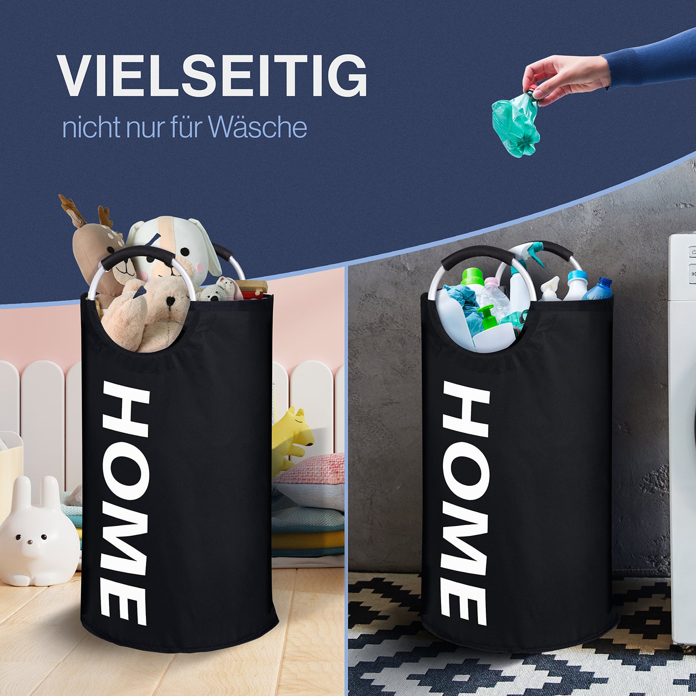 Faltbarer Wäschekorb - Schwarz - 82 Liter, vielseitig als Wäsche- oder Sammelkorb mit stabilem Polyester und praktischer Faltfunktion.