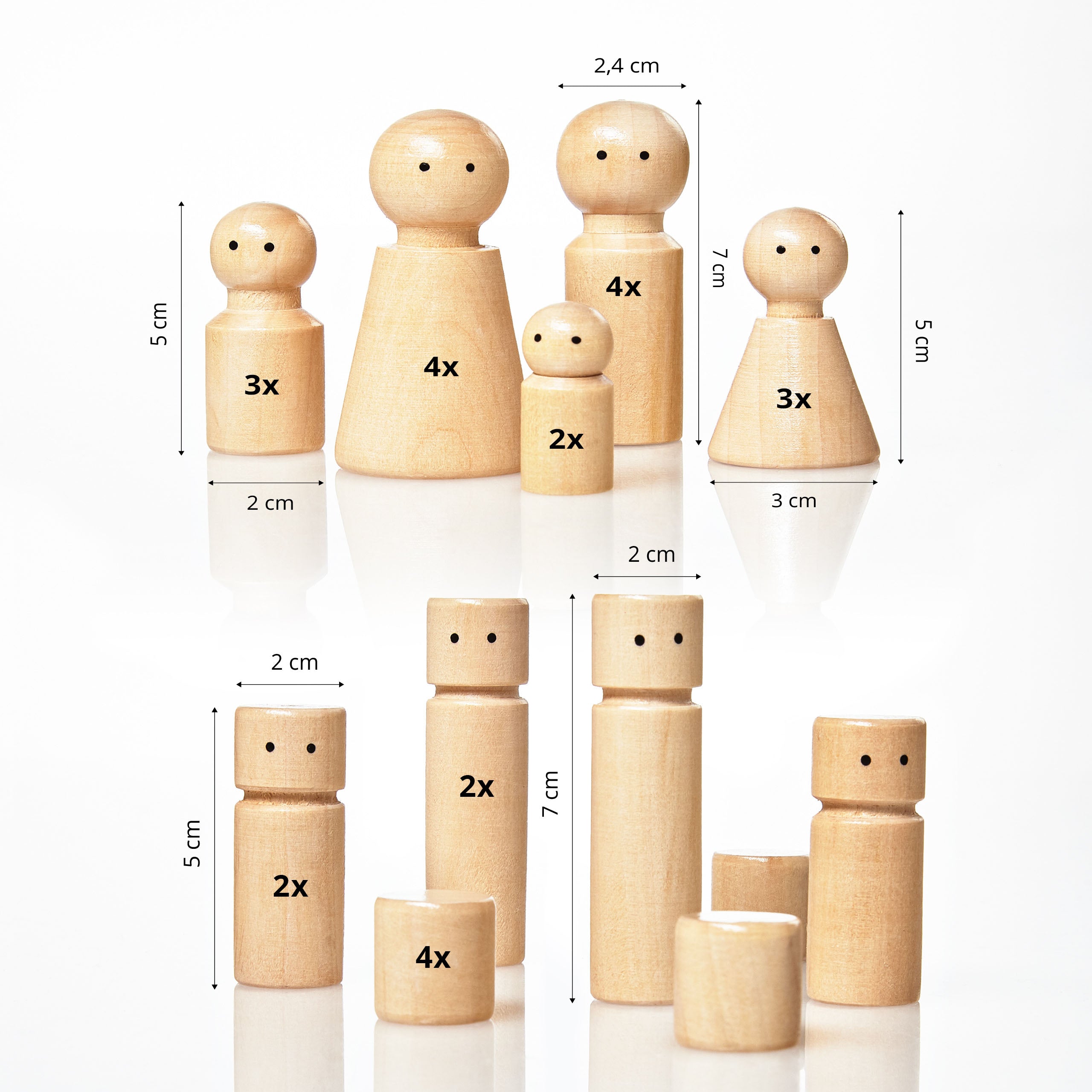Familienaufstellung Familienbrett Systembrett Set aus Holz mit 32 Teilen, verschiedene Holzfiguren in Größen und Formen für Beziehungsdarstellung.