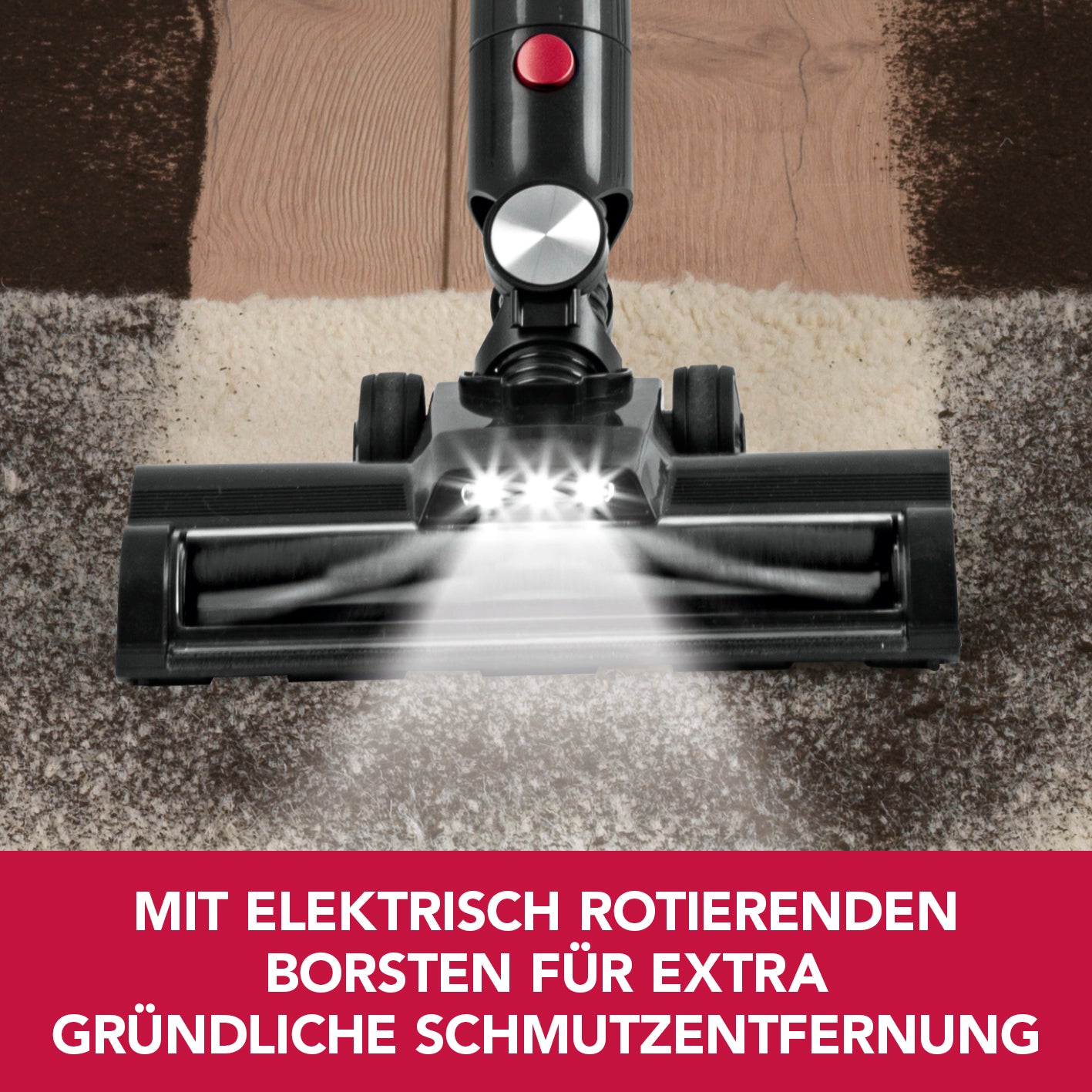 Akku-Zyklon-Staubsauger Digital-Display anthrazit/silber/rot mit elektrisch rotierender Spezial-Bodendüse und LED-Leuchten.
