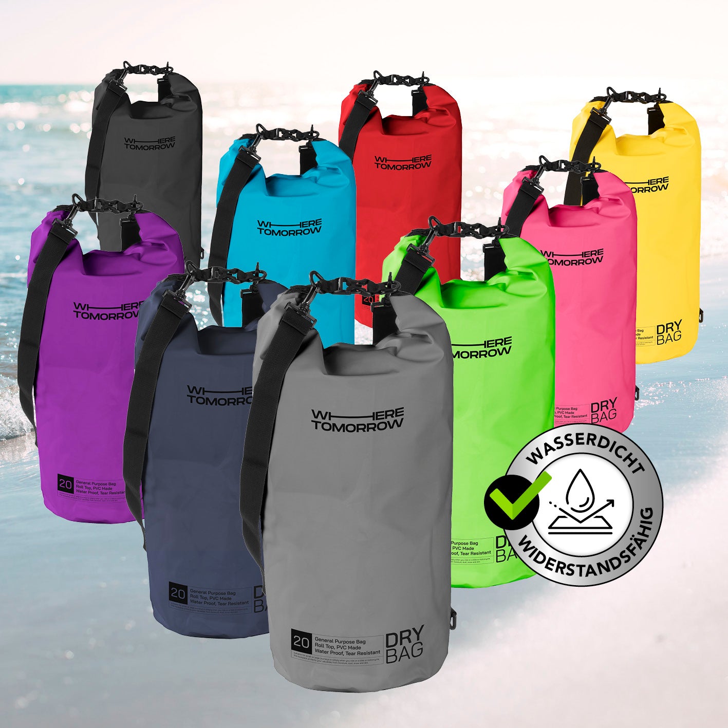 Dry Bag 20L - Style 01 - Grau wasserdichter, robuster Rucksack mit UV-Schutz und verstellbarem Schultergurt für Outdoor-Abenteuer.
