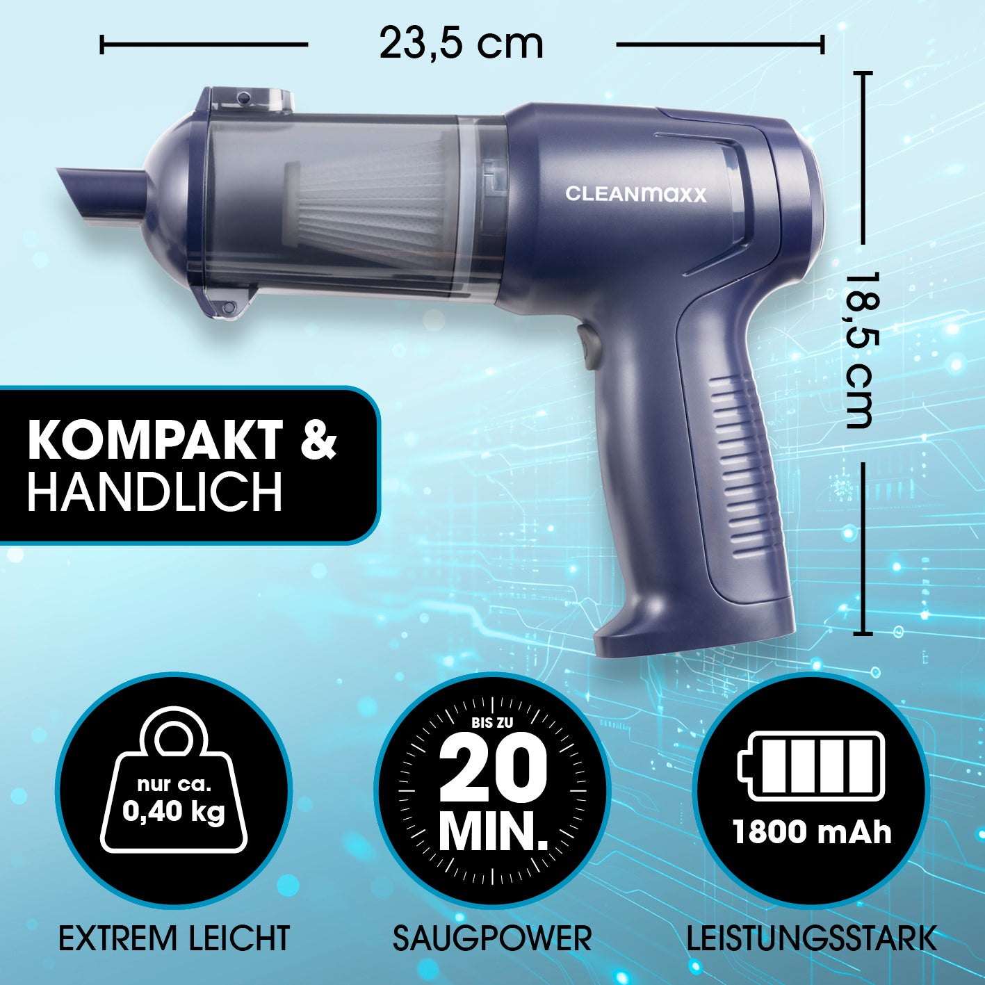 2in1-Akkusauger mit Saug- & Gebläsefunktion, kompakt, handlich, 400 g, 1800 mAh Akku, bis zu 20 Min Laufzeit, starke Saugleistung