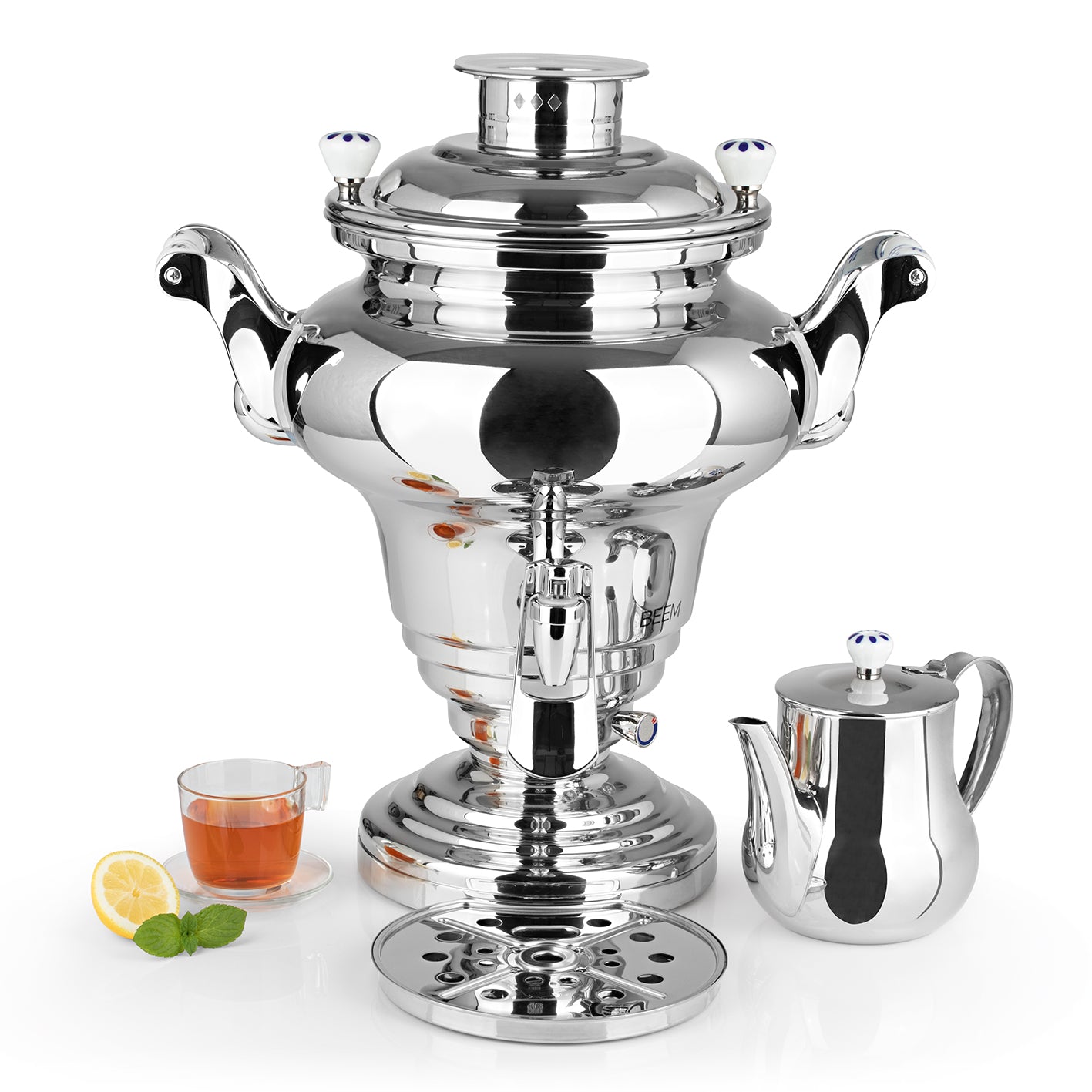 ROYAL+ Samowar - 15 L elektrischer Edelstahl-Samowar mit Dispenser, Abtropfschale und 2 Heizkreisläufen für Tee und Wasser.