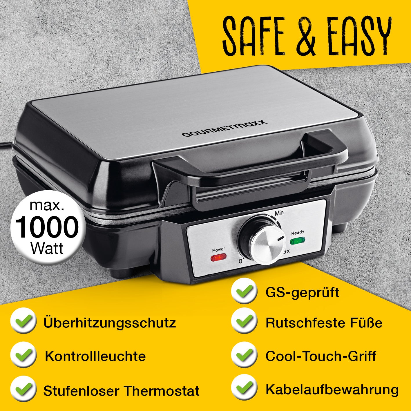 Waffeleisen für Belgische Waffeln mit stufenlosem Thermostat, Cool-Touch-Griff, Antirutsch-Füßen und Kontrollleuchten für perfekte Waffeln.