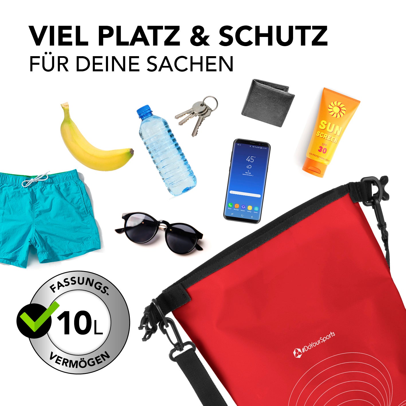 Dry Bag 10L - Rot wasserdichter, robuster Outdoor-Rucksack mit UV-Schutz und praktischem Schultergurt für vielseitige Abenteuer.