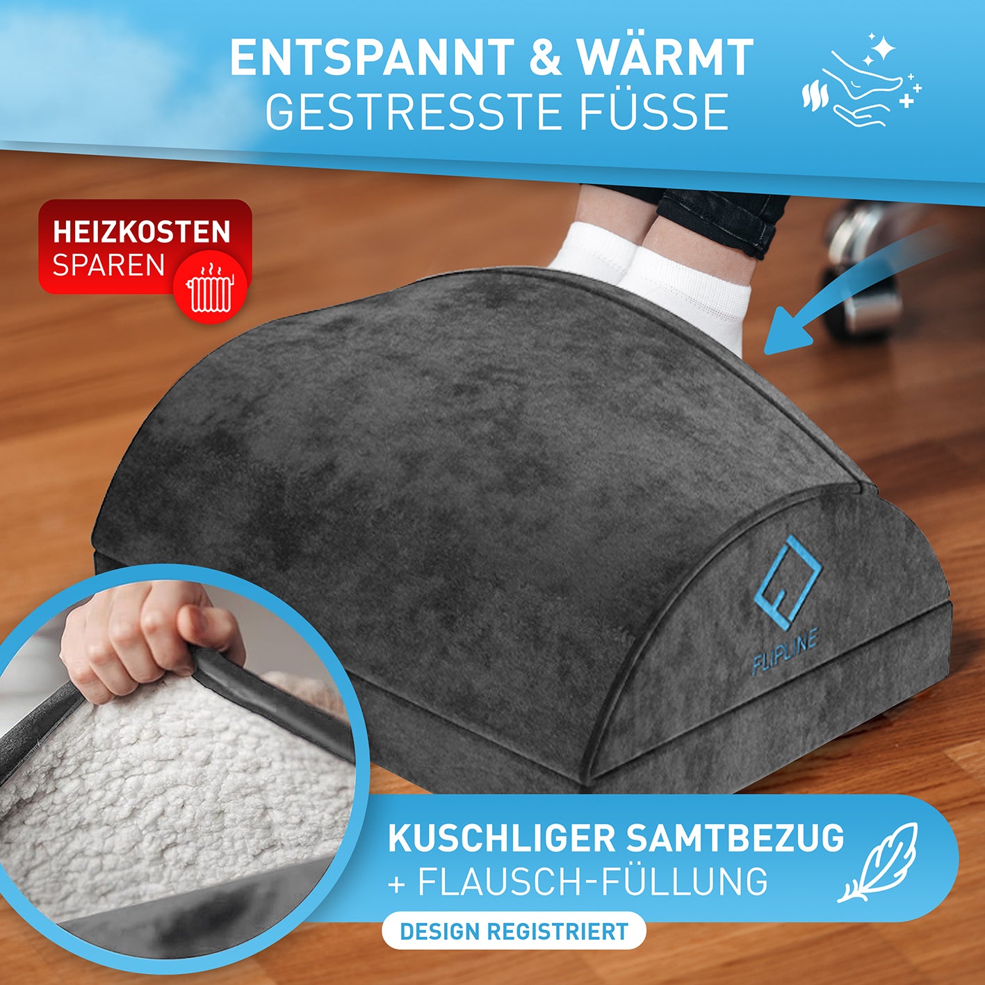Schreibtisch-Fußstütze mit Fußtasche - Dunkelgrau mit kuscheligem Samtbezug und flauschiger Füllung für warme Füße und Komfort