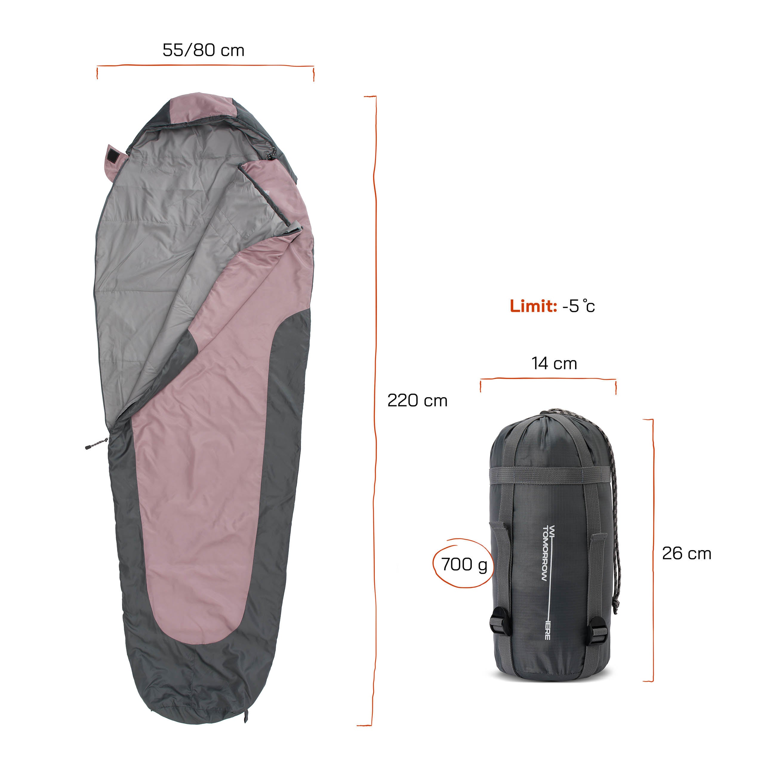Camping Schlafsack Small & Light - Mumienschlafsack Rose-Grau, 220x80x50 cm, wasserabweisend, mit Tasche, bis -5°C, 700g.