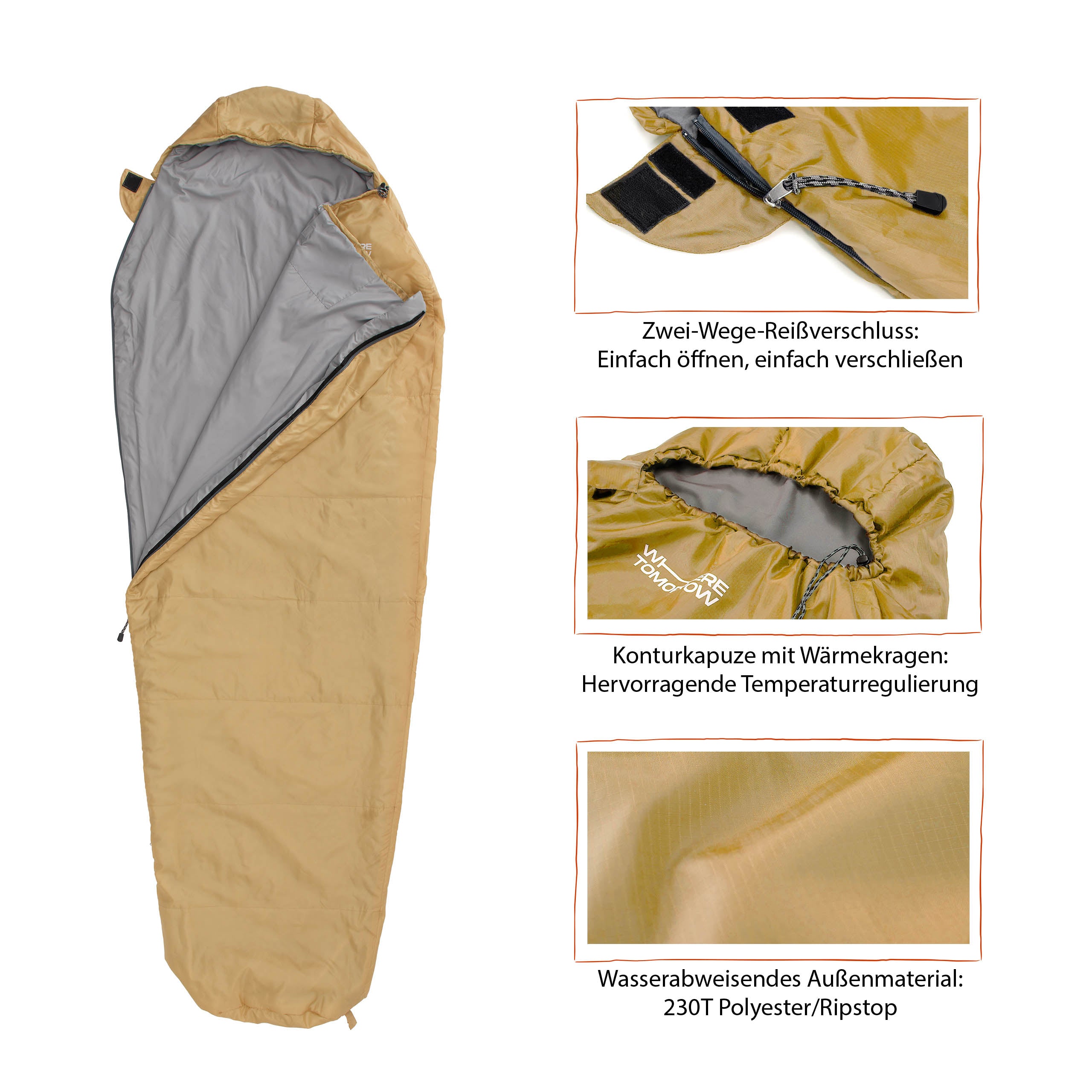 Camping Schlafsack Small & Light Curry mit wasserabweisendem Material, Zwei-Wege-Reißverschluss und Konturkapuze mit Wärmekragen.
