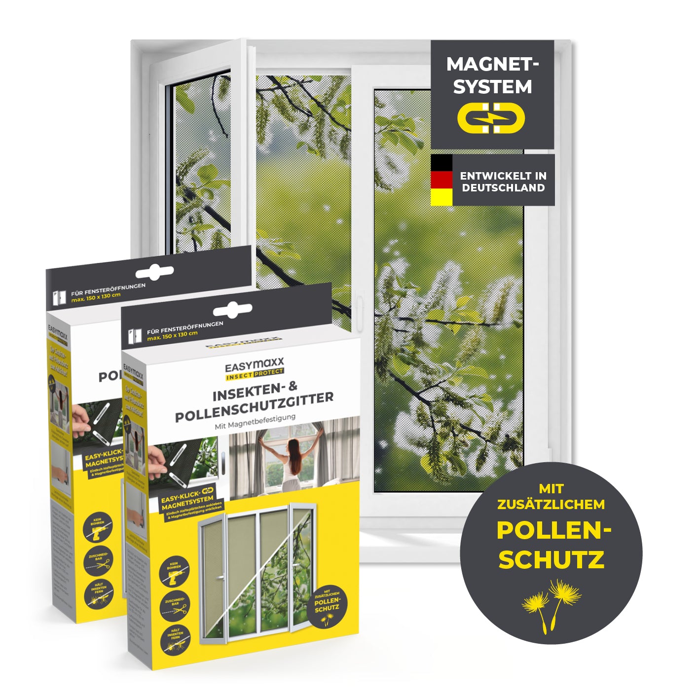 Insekten- & Pollenschutzgitter mit Magnetbefestigung - 2er-Set, zuschneidbar, mit Pollenschutz, einfache Montage ohne Bohren.