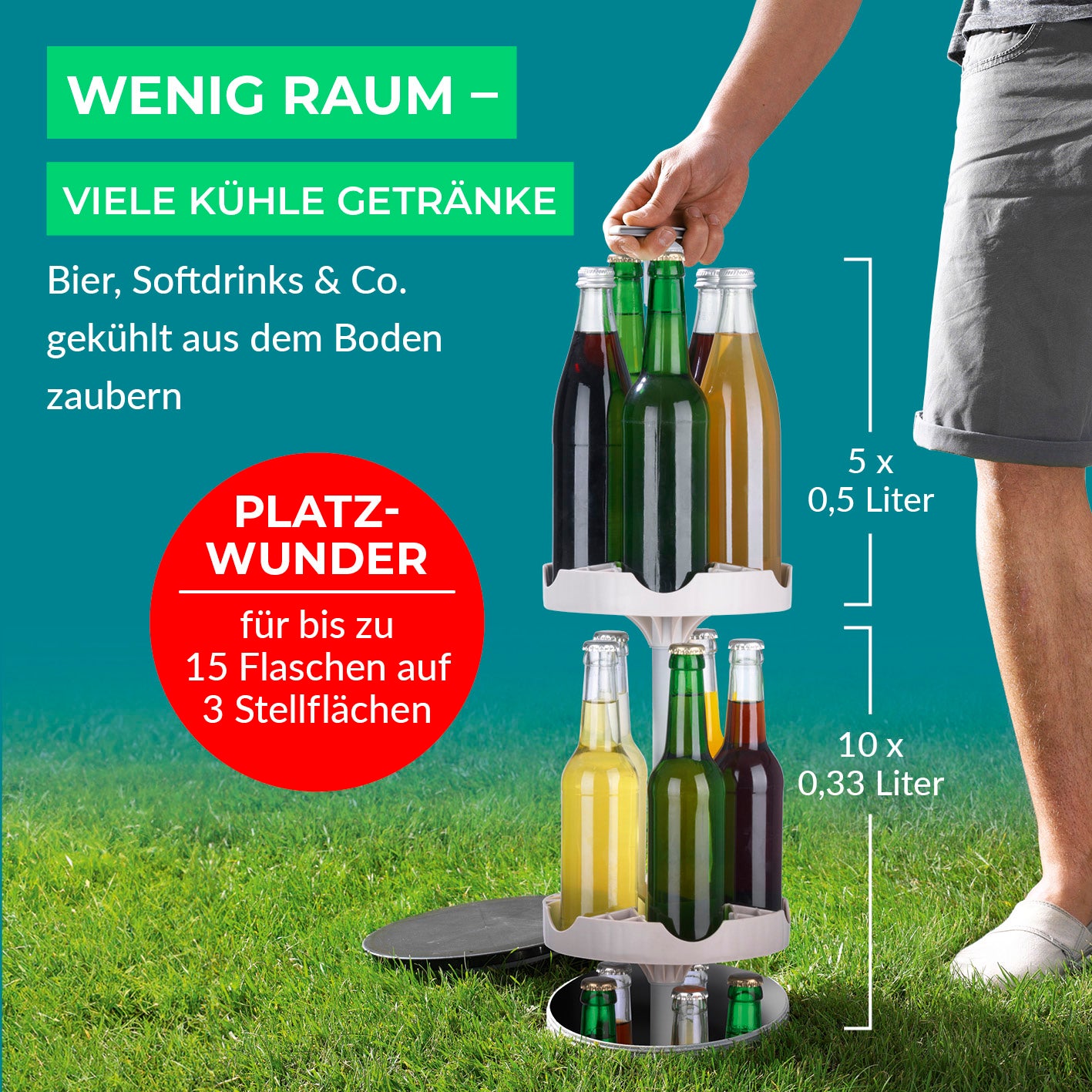Outdoor-Flaschenkühler mit 3 Stellflächen für bis zu 13 Flaschen, kompakt, stromlos und ideal für Grillen und Gartenpartys.