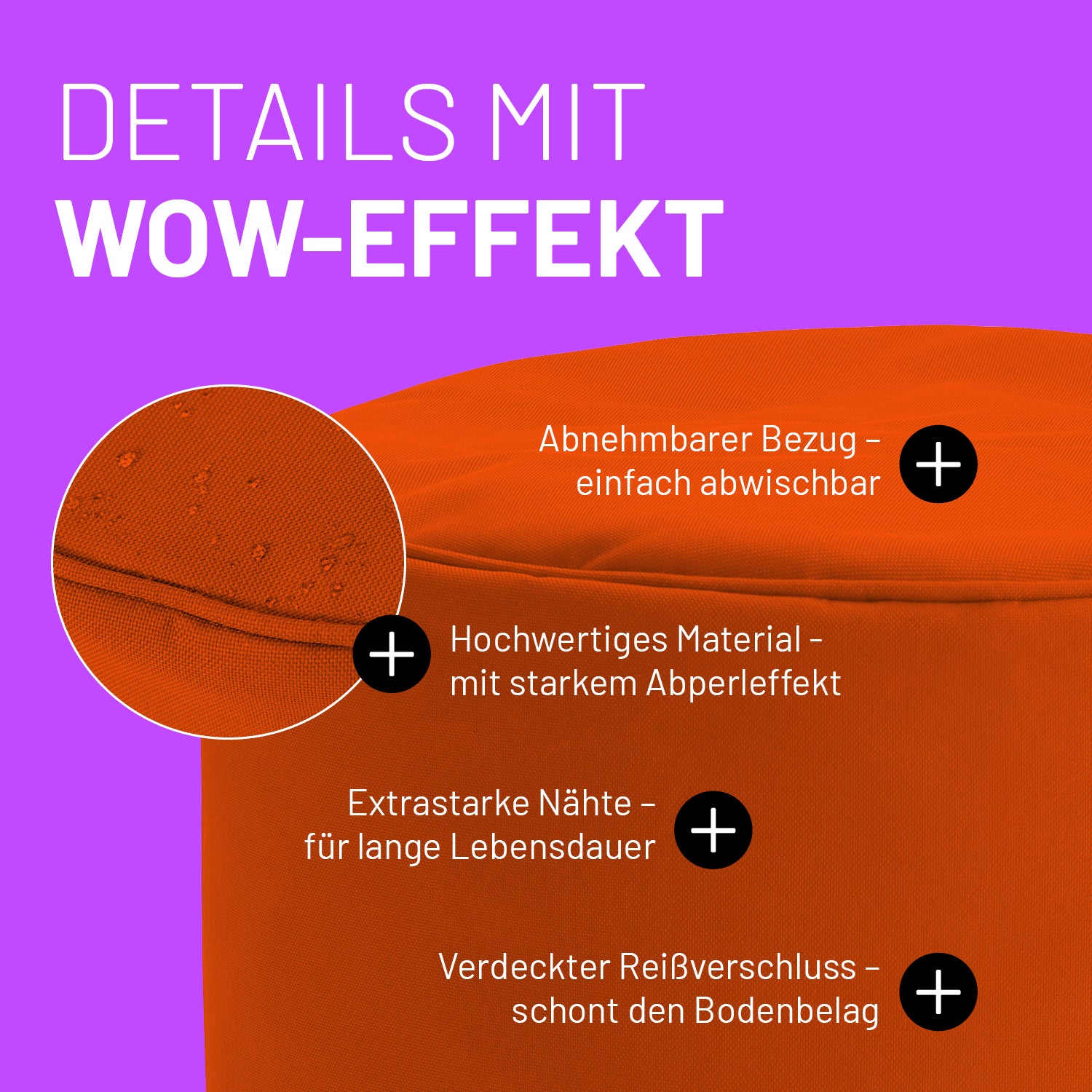 Sitzsack-Hocker/Pouf (50 L) Orange mit abnehmbarem Bezug, starkem Abperleffekt, extrastarken Nähten und verdecktem Reißverschluss.
