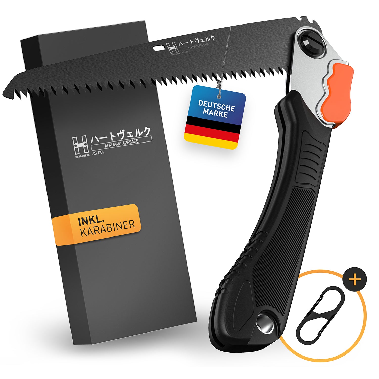 Klappbare Handsäge aus Karbonstahl - 21 cm mit Sicherheitsarretierung und S-Karabiner, deutsche Marke, vielseitig und effizient.