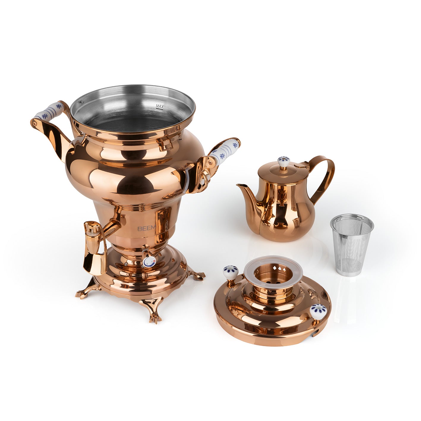 Samowar Rebecca mit Dispenser - Edelstahl/rose, hochwertiger Samowar mit Teekanne und Sieb für professionelle Teezubereitung.