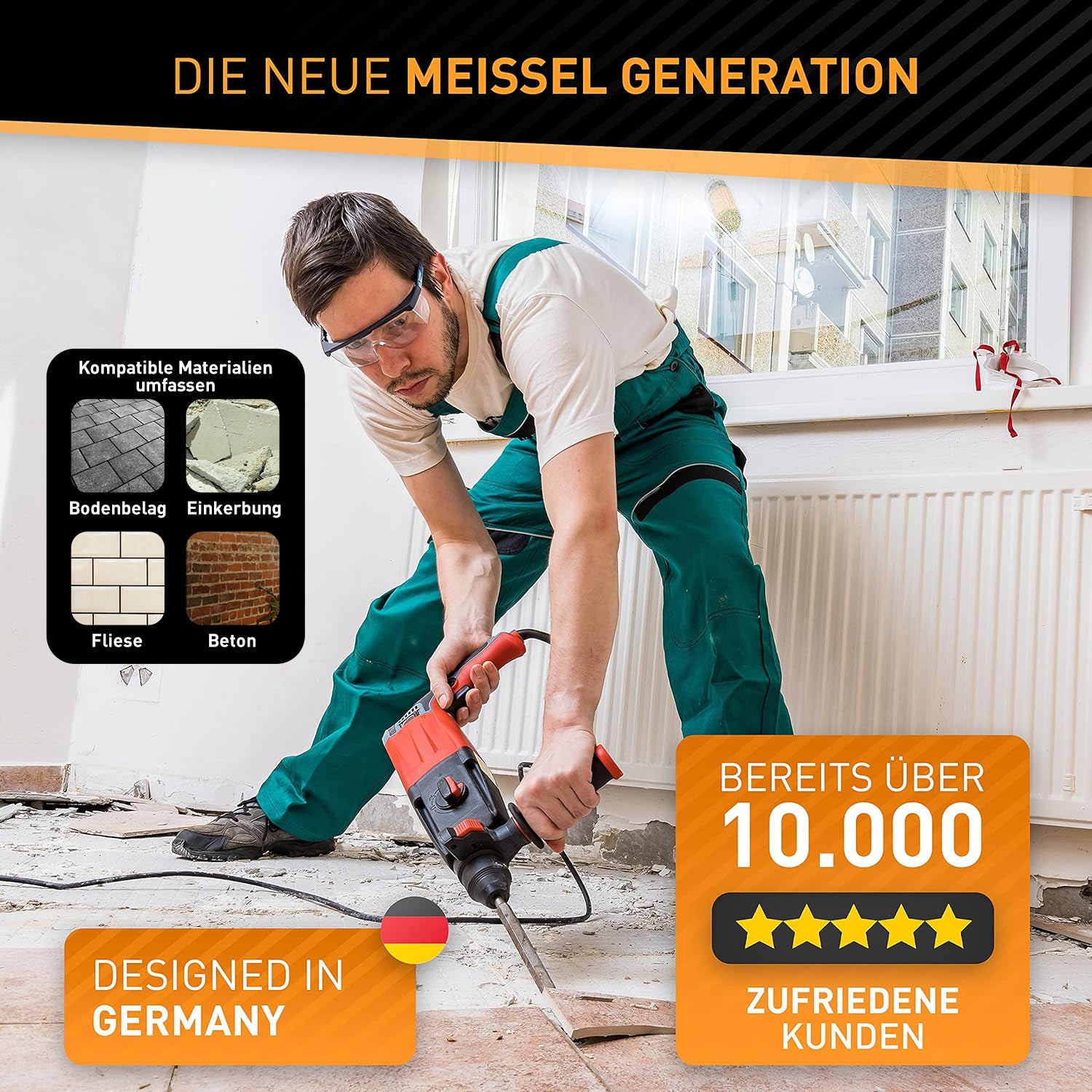 Fliesenmeißel für Bohrhammer mit angewinkeltem Ende, selbstschärfend und kompatibel mit SDS Plus Bohrhämmern für Fliesen und Beton.
