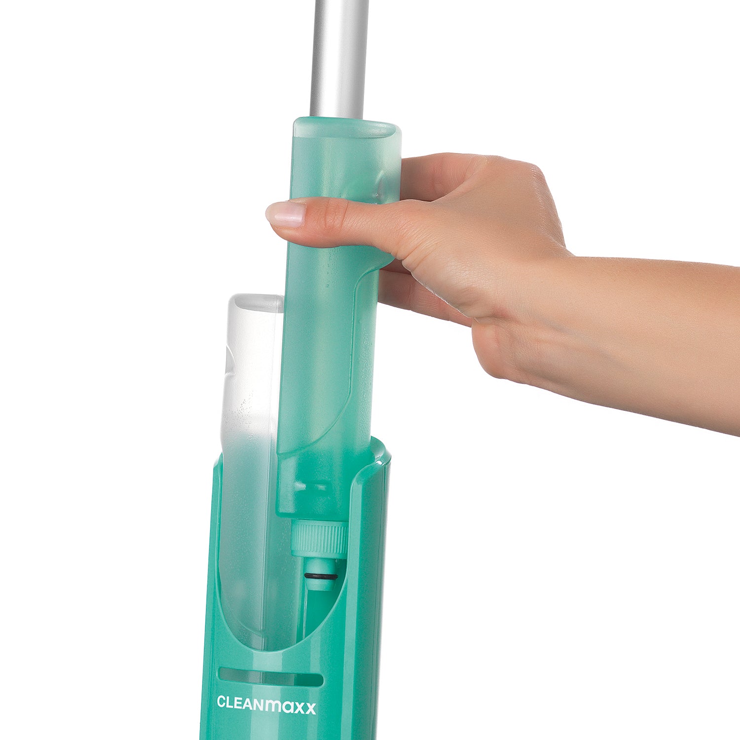 Spray-Mopp 2 Kammer-System türkis mit zwei abnehmbaren Reinigungsmittel-Behältern und Mikrofaser-Reinigungstüchern.