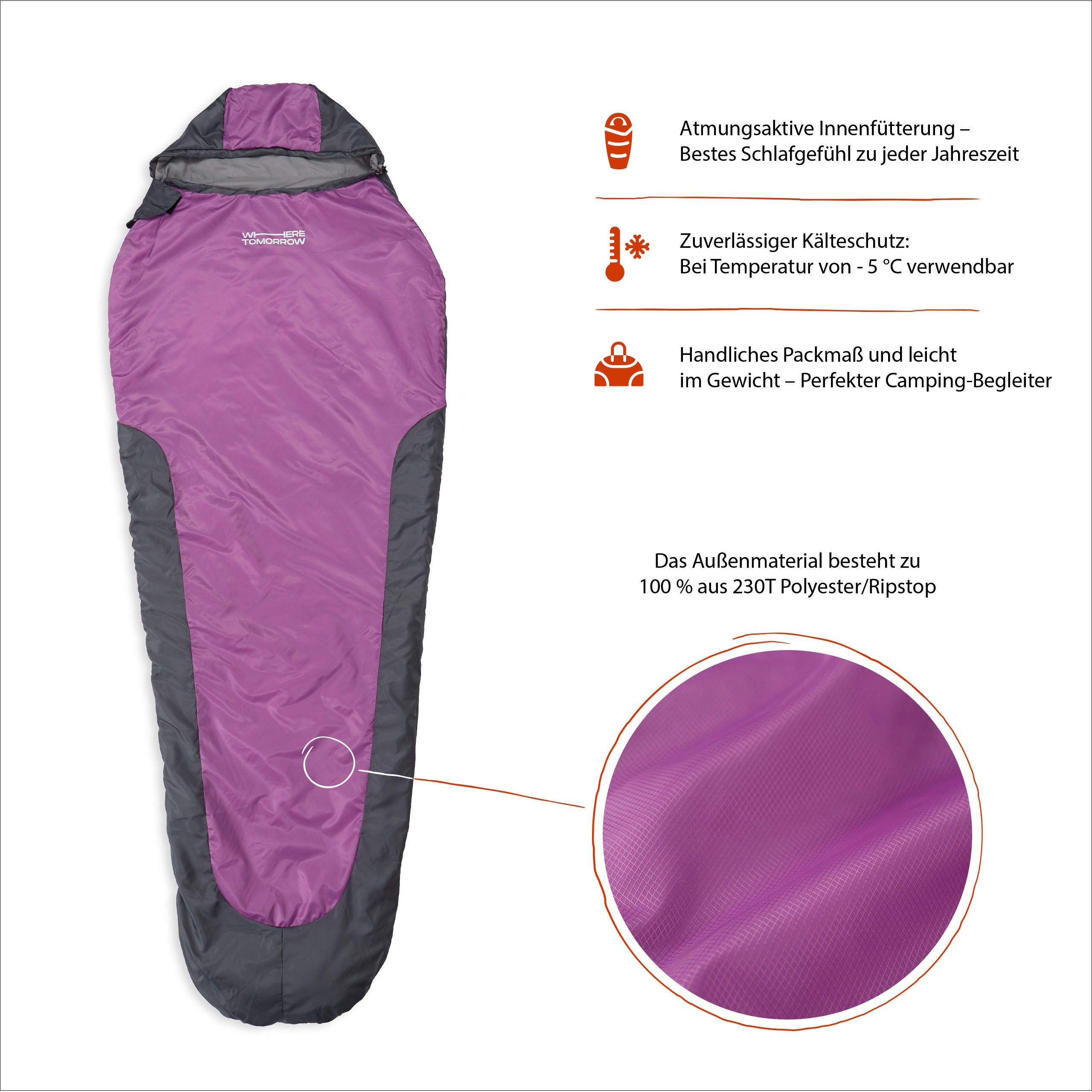 Camping Schlafsack Small & Light, wasserdicht, atmungsaktiv, mit Packsack, geeignet bis -5 °C, Maße 220 x 80 x 50 cm, Grau-Lila.