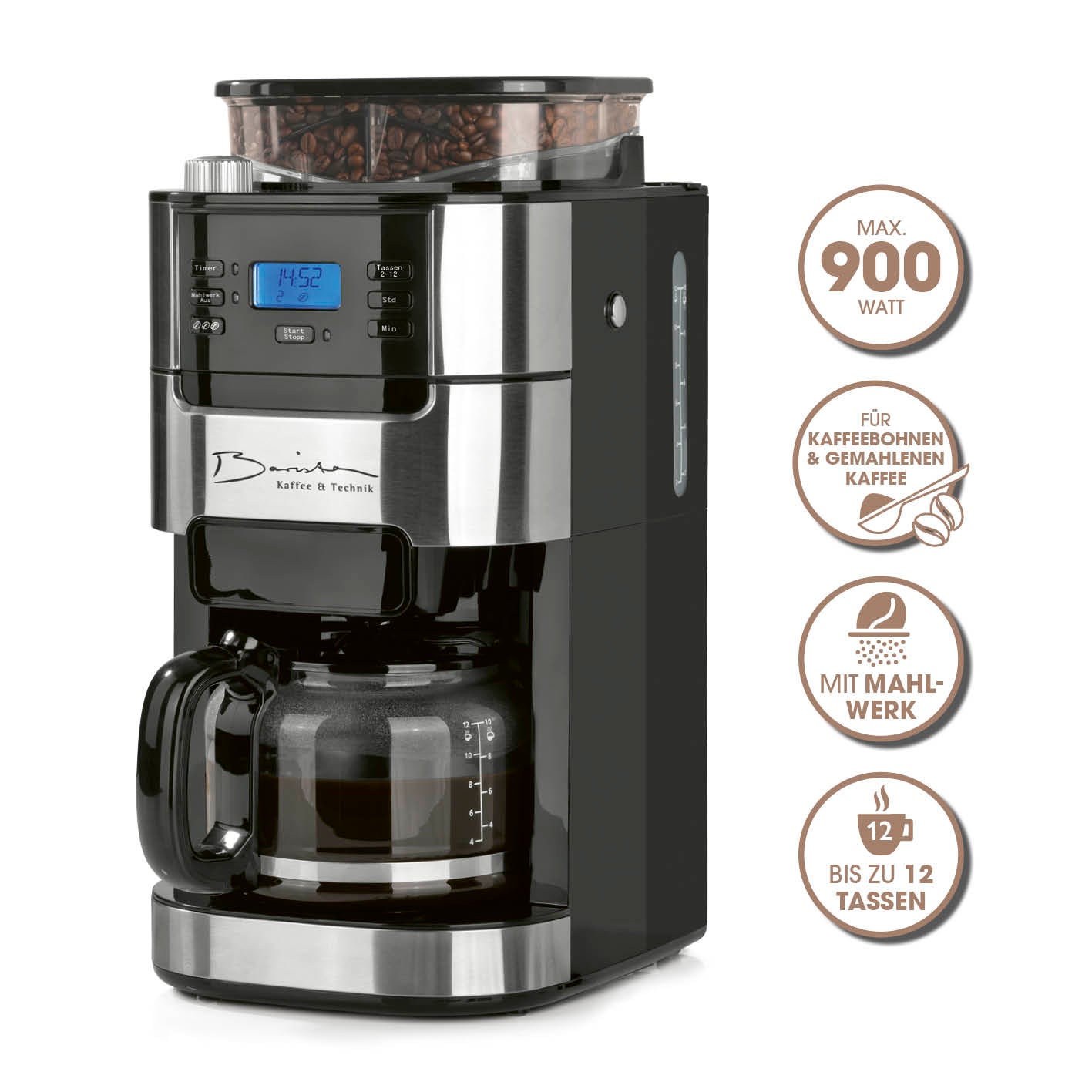 Kaffeemaschine mit Mahlwerk, 24-Stunden-Timer, digitales LCD-Bedienfeld, Glaskanne für 1,5 Liter und bis zu 12 Tassen Kaffee.