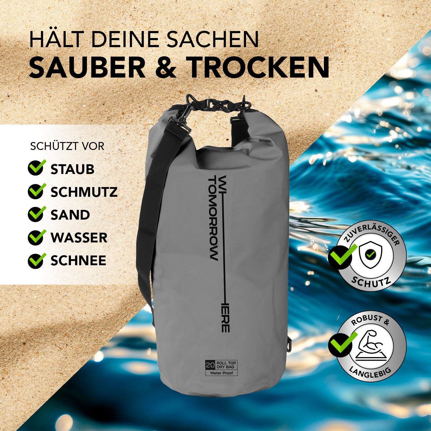 Dry Bag 20L - Style 02 - Grau, wasserdichter und robuster Rucksack mit Rolltop-Verschluss für Schutz vor Staub, Sand, Wasser und Schnee.
