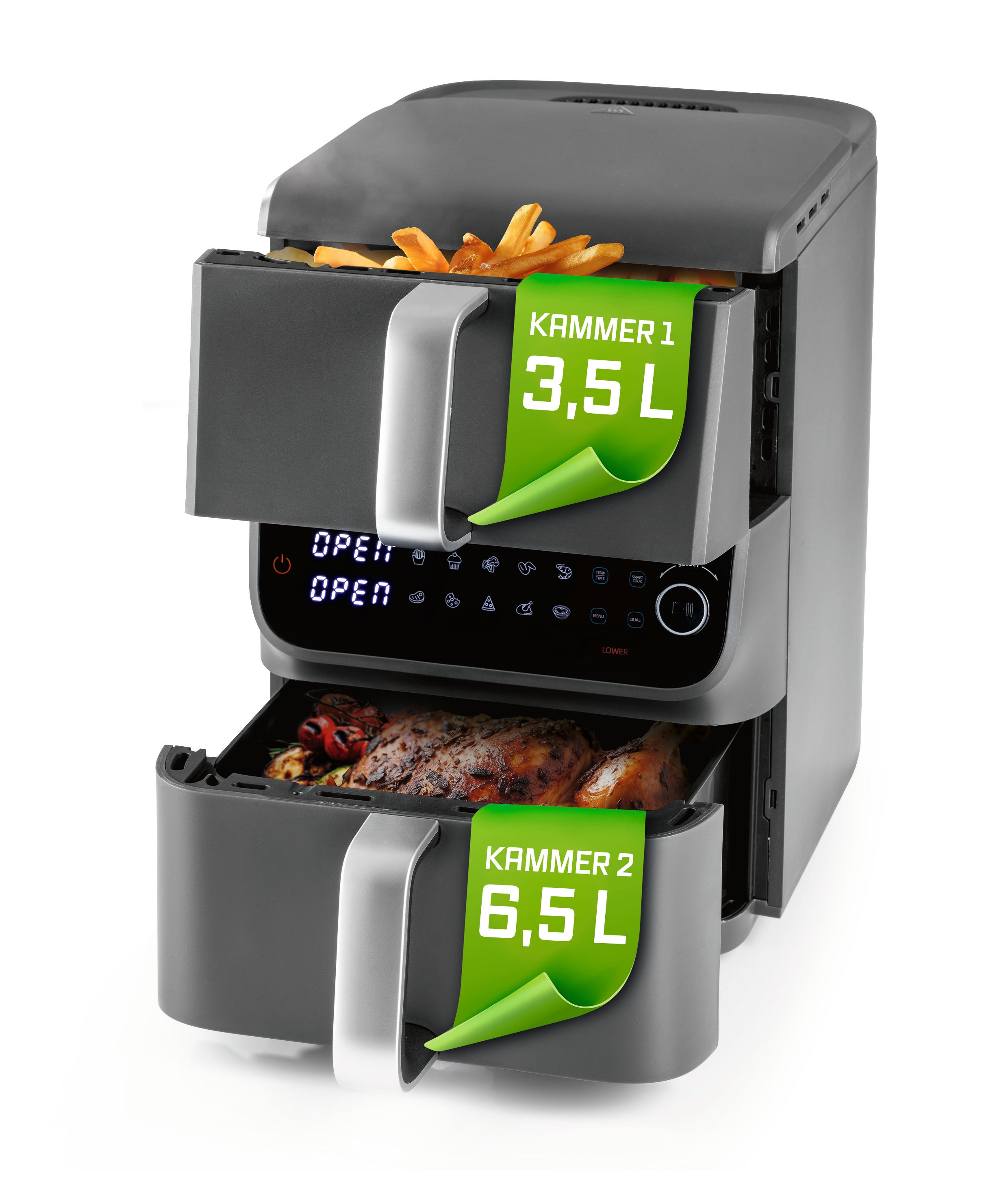 Vertikale Doppelkammer-Heißluftfritteuse MultiSize - 10 L mit 2 Kammern und 10-Liter Volumen für effizientes, platzsparendes Garen.