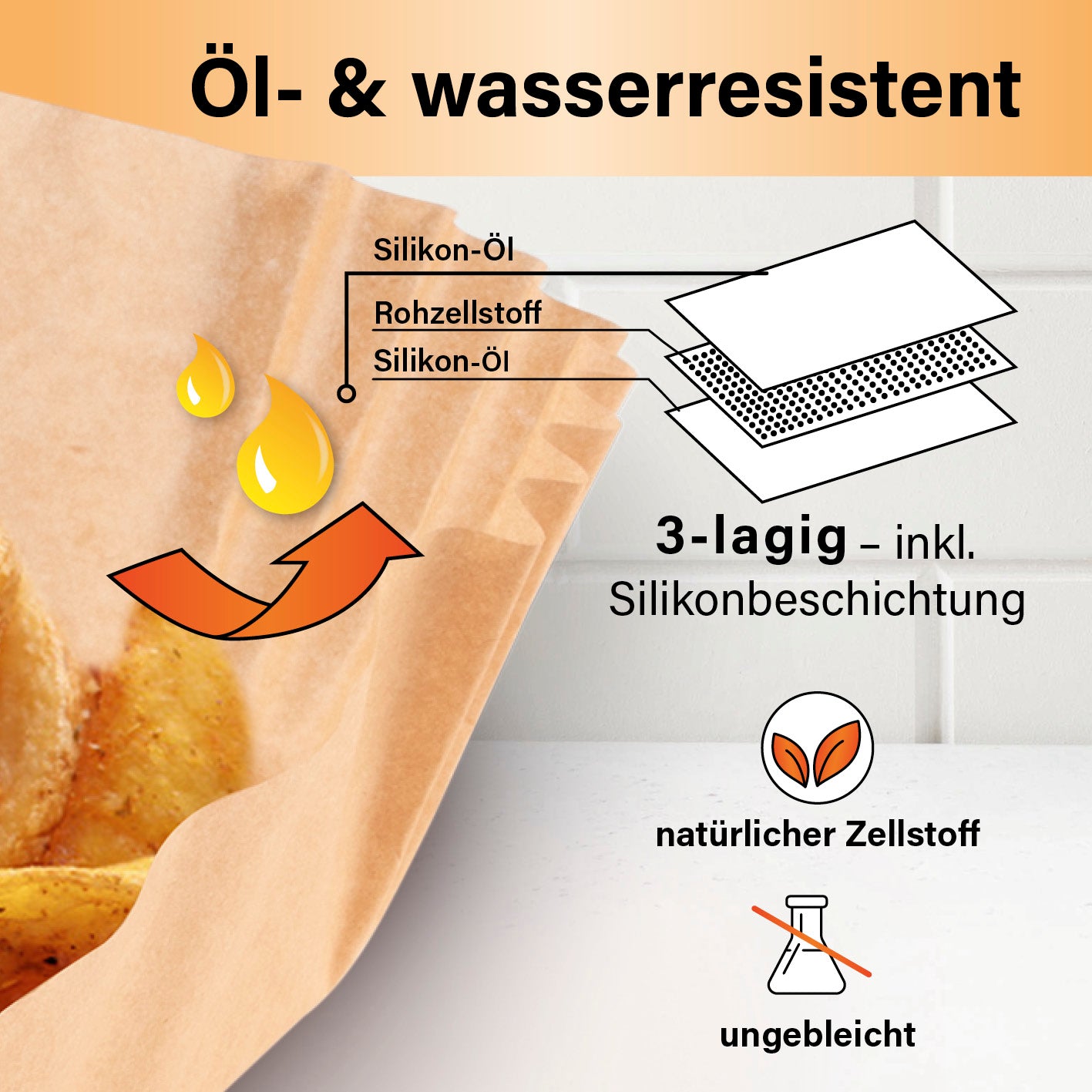 Backpapierschalen für Doppelkorb-Heißluftfritteusen 3–5 l, 100 Stück, 3-lagig, öl- und wasserresistent mit Silikonbeschichtung aus natürlichem Zellstoff