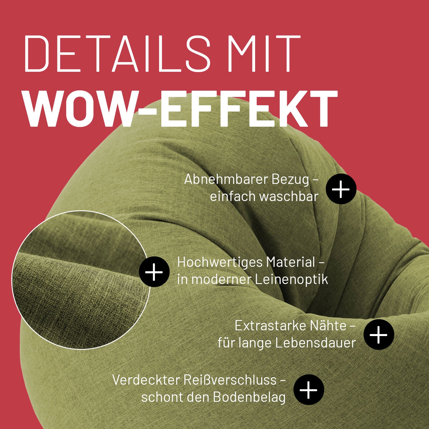 Sitzsack Interior Line (300) - indoor - Lime mit abnehmbarem Bezug, Leinenoptik, extra starken Nähten und verdecktem Reißverschluss.