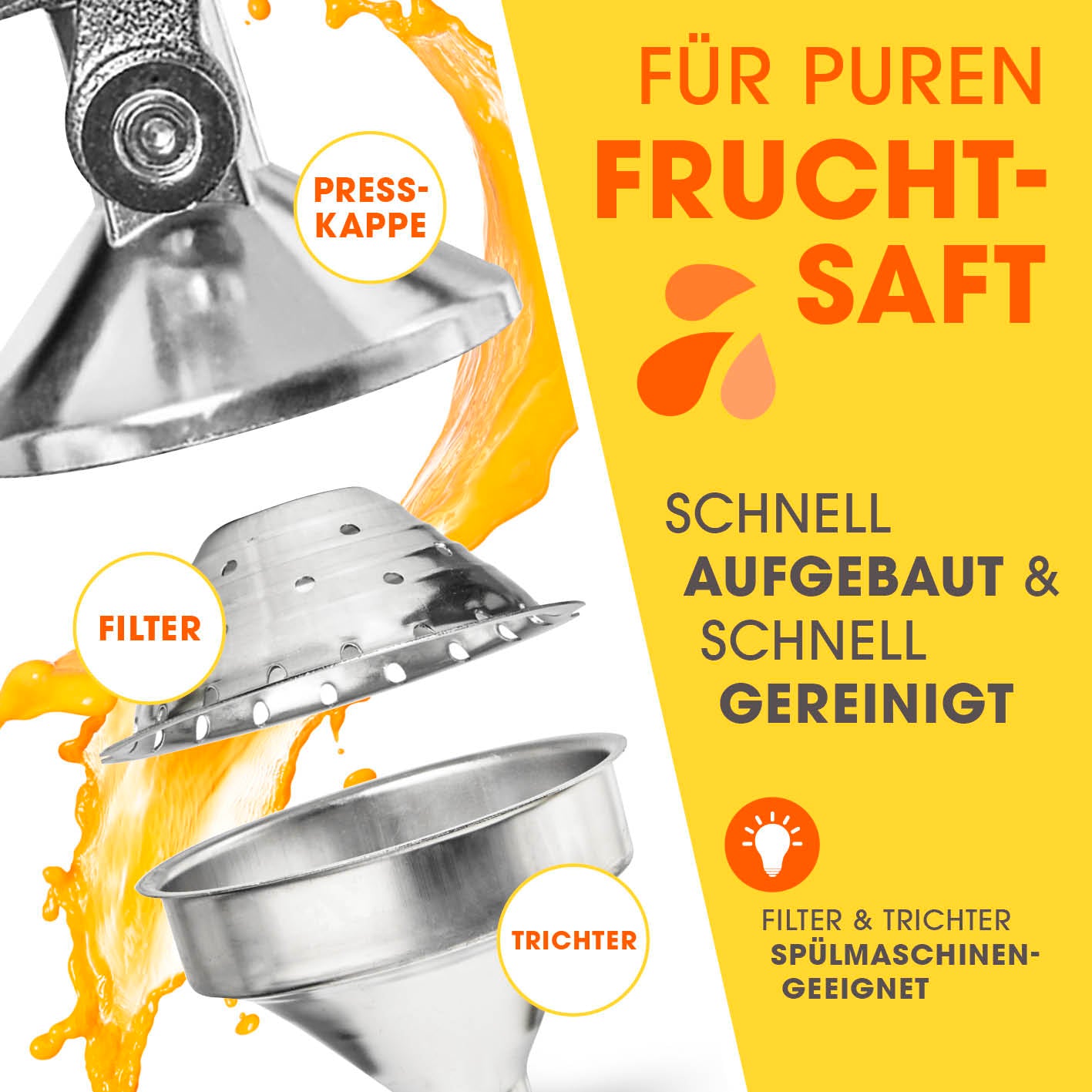 Manuelle Saftpresse + Orangenständer - Silber mit spülmaschinenfestem Filter und Trichter für reinen Fruchtsaft.