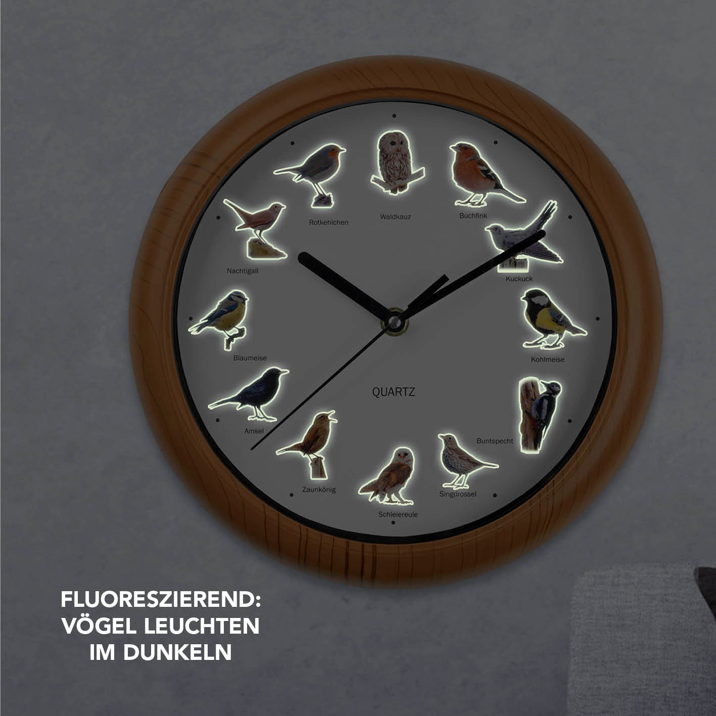 Wanduhr mit Vogelstimmen - 25cm zeigt fluoreszierende Vogelbilder, leuchtet im Dunkeln mit naturgetreuen Vogelstimmen zu jeder vollen Stunde.