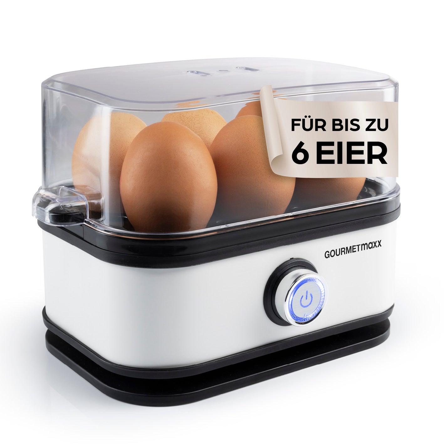 Design-Eierkocher 6 Eier - Weiß mit transparenter Abdeckung, für bis zu 6 Eier, einfacher Bedienknopf, platzsparendes Design.